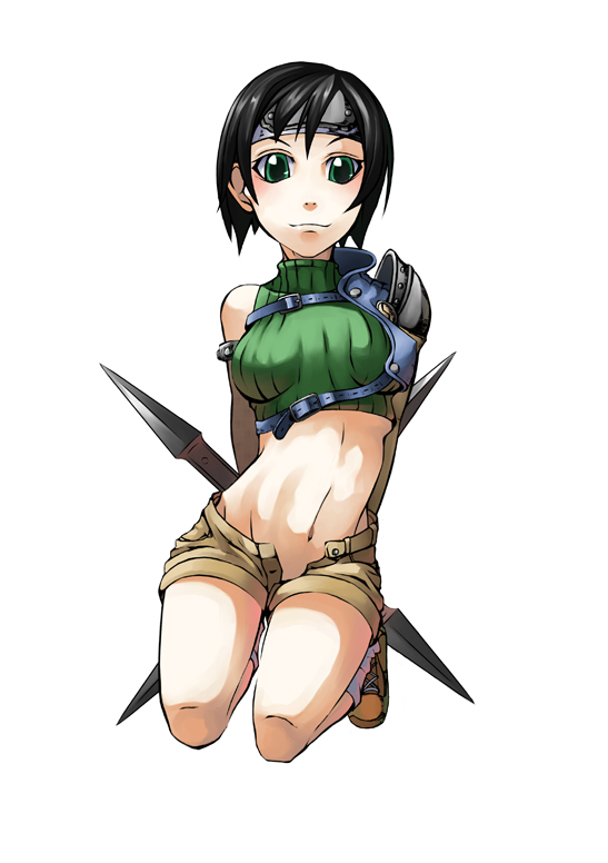 aa satoshi, ninja (final fantasy), yuffie kisaragi, final fantasy, final fantasy vii, 1990s (style), 1girl, :3, armor, bare shoulders, brown hair, female focus, green eyes, headband, midriff, ninja, open fly, retro artstyle, short hair, shorts, shuriken, sleeveless, sleeveless turtleneck, solo, turtleneck, unzipped, weapon