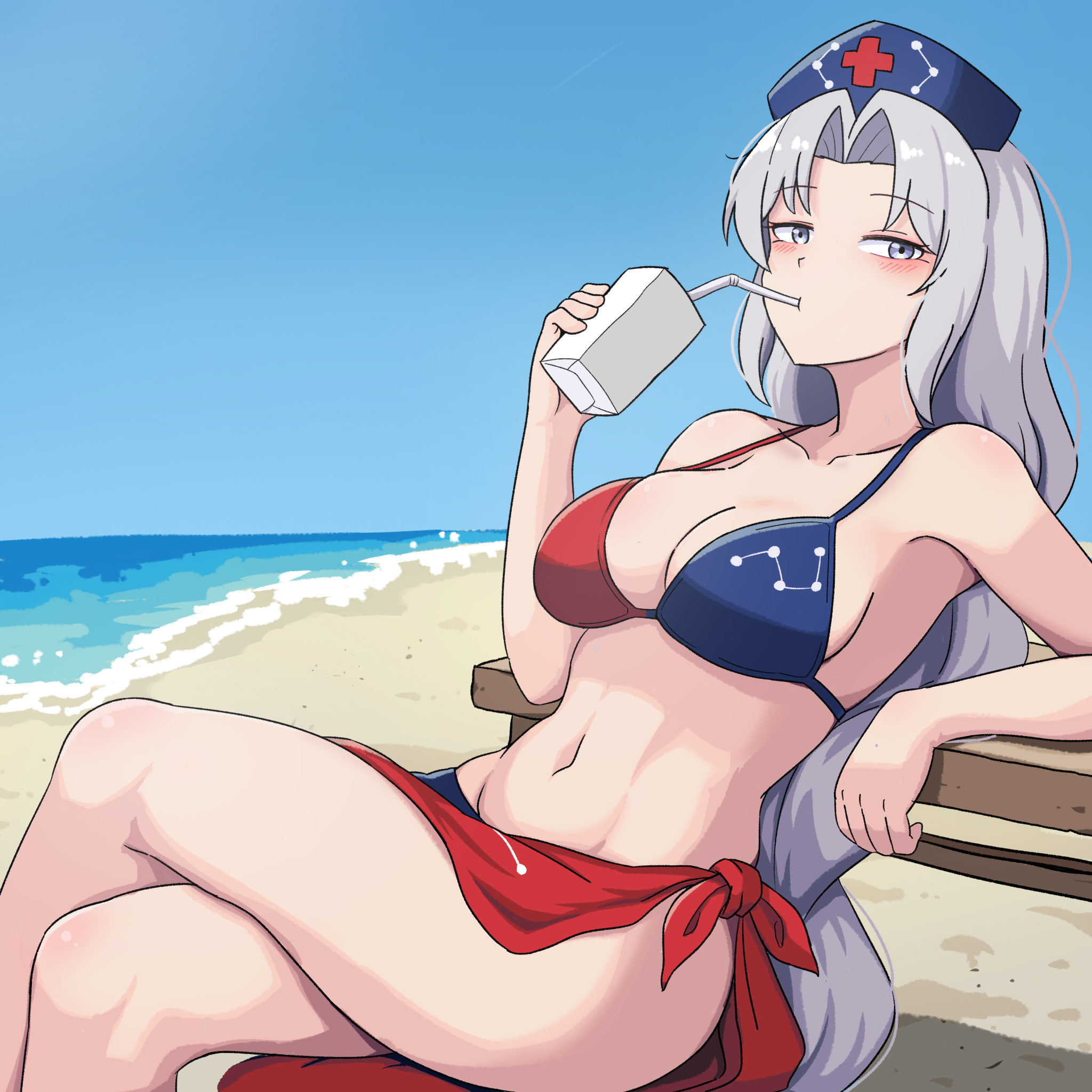 ehehe52921343, yagokoro eirin, touhou, bilingual commentary, commentary, english commentary, highres, korean commentary, mixed-language commentary, 1girl, adapted costume, arm rest, bare shoulders, beach, big dipper, bikini, blue hat, blue sky, blush, breasts, clear sky, cleavage, collarbone, constellation print, cross, crossed legs, curtained hair, drinking, drinking straw, feet out of frame, grey eyes, grey hair, hat, juice carton, large breasts, leaning back, long hair, looking at viewer, loose hair strand, multicolored bikini, navel, nurse cap, ocean, outdoors, print bikini, print hat, red cross, sand, sarong, sitting, sky, solo, stomach, swimsuit, table, thighs, two-tone bikini, very long hair