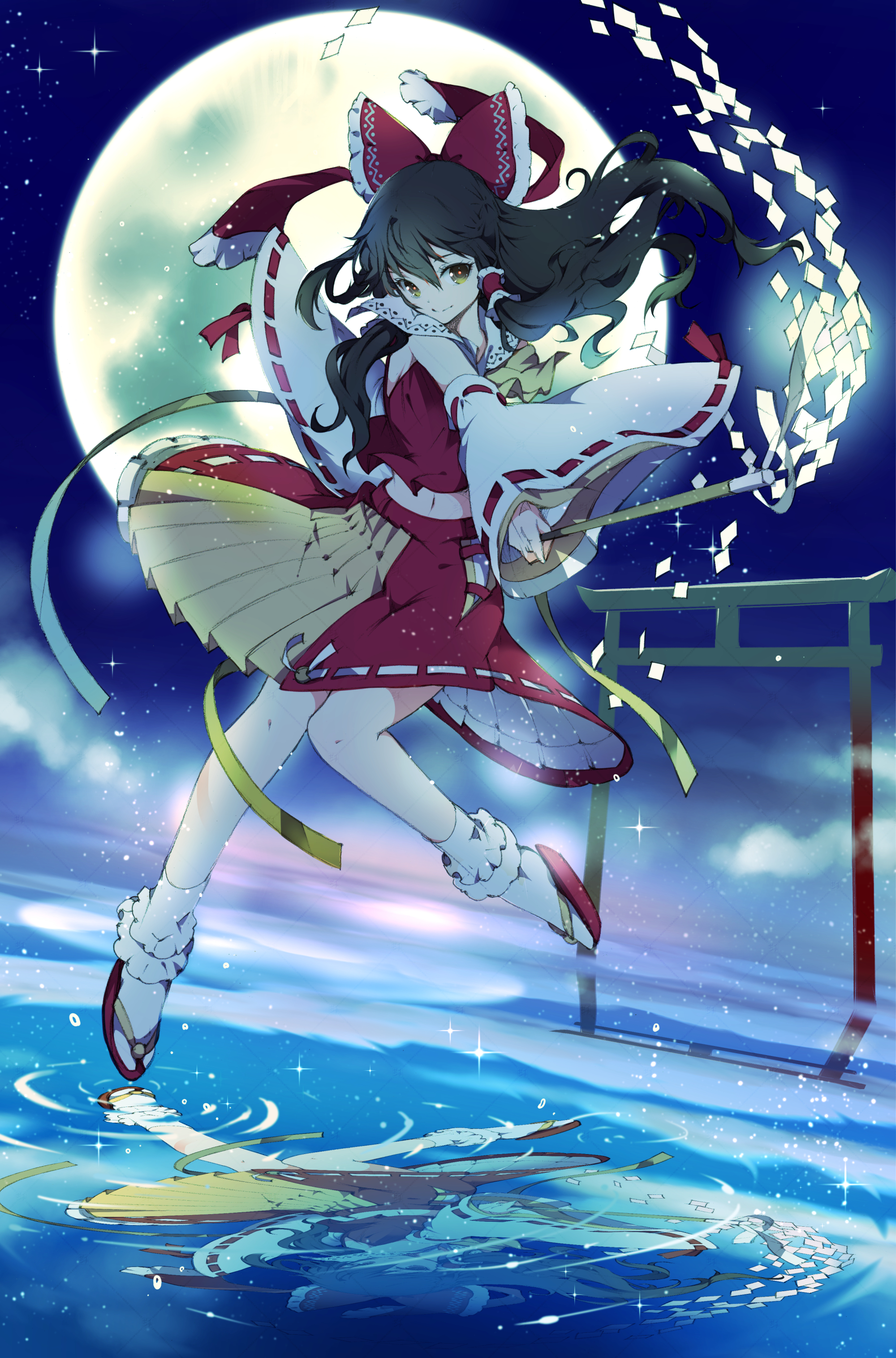 ichizen (o tori), hakurei reimu, touhou, absurdres, highres, 1girl, bow, dynamic pose, frilled bow, frilled hair tubes, frills, full moon, hair bow, hair tubes, moon, night, night sky, red bow, red skirt, skirt, skirt set, sky, solo, torii