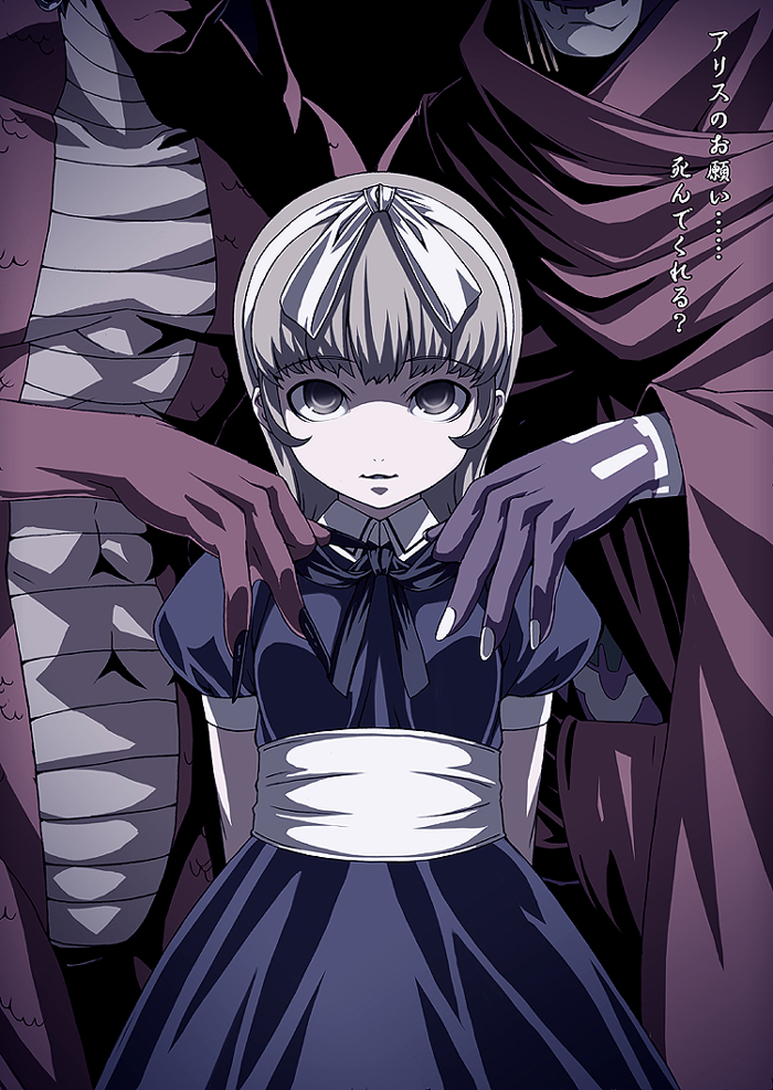 tasaka shinnosuke, alice (megami tensei), belial (megami tensei), nebiros (megami tensei), atlus, megami tensei, persona, persona 4, shin megami tensei, eyebrows, translation request, 1girl, 2boys, ?, arms behind back, black nails, bow, cloak, colored skin, demon (megami tensei), dress, earrings, fingernails, grey eyes, grey hair, hair bow, hairband, holding, holding unworn clothes, hood, hooded cloak, jewelry, light smile, long fingernails, long hair, looking at viewer, multiple boys, nail polish, neck ribbon, out of frame, parted lips, puffy short sleeves, puffy sleeves, purple skin, red skin, ribbon, ringed eyes, scales, shaded face, sharp fingernails, short sleeves, solo focus, white bow, white nails