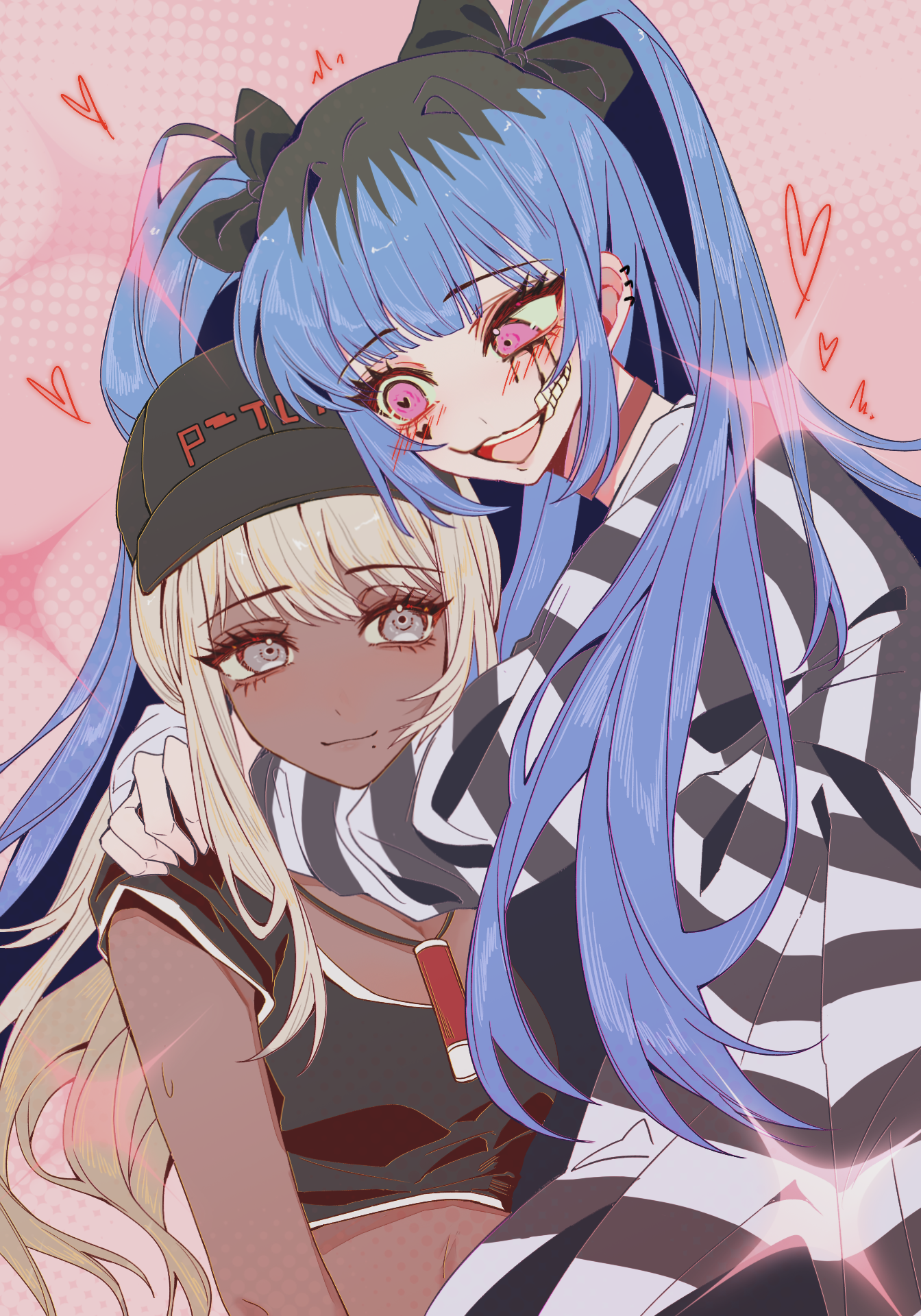 amemiya darumi, kawana tsubasa, the hundred line -last defense academy-, artist request, chinese commentary, commentary request, commission, highres, second-party source, 2girls, black bow, black hair, black hat, blonde hair, blue hair, blush, bow, choker, crop top, dark-skinned female, dark skin, facial mark, grey eyes, hair bow, hat, heart, heart-shaped pupils, heart facial mark, hug, jewelry, long hair, looking at another, makeup, multicolored hair, multiple girls, necklace, pink background, pink eyes, red choker, roots (hair), runny makeup, shirt, smile, striped clothes, striped shirt, symbol-shaped pupils, teeth, twintails, upper teeth only, yuri