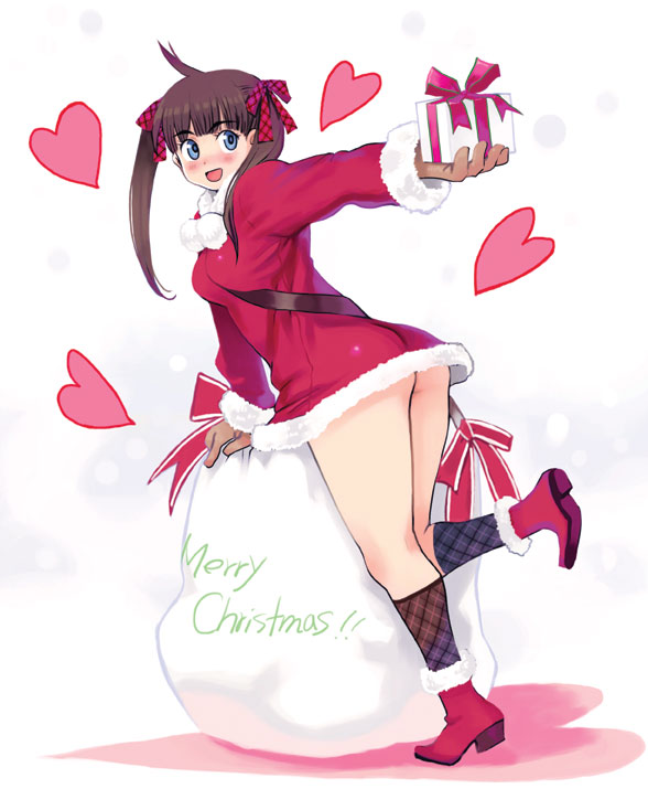 ryoji (nomura ryouji), 1girl, ass, blush, christmas, female focus, full body, gift, glowing, heart, holding, holding gift, looking back, no panties, plaid clothes, sack, santa costume, smile, solo