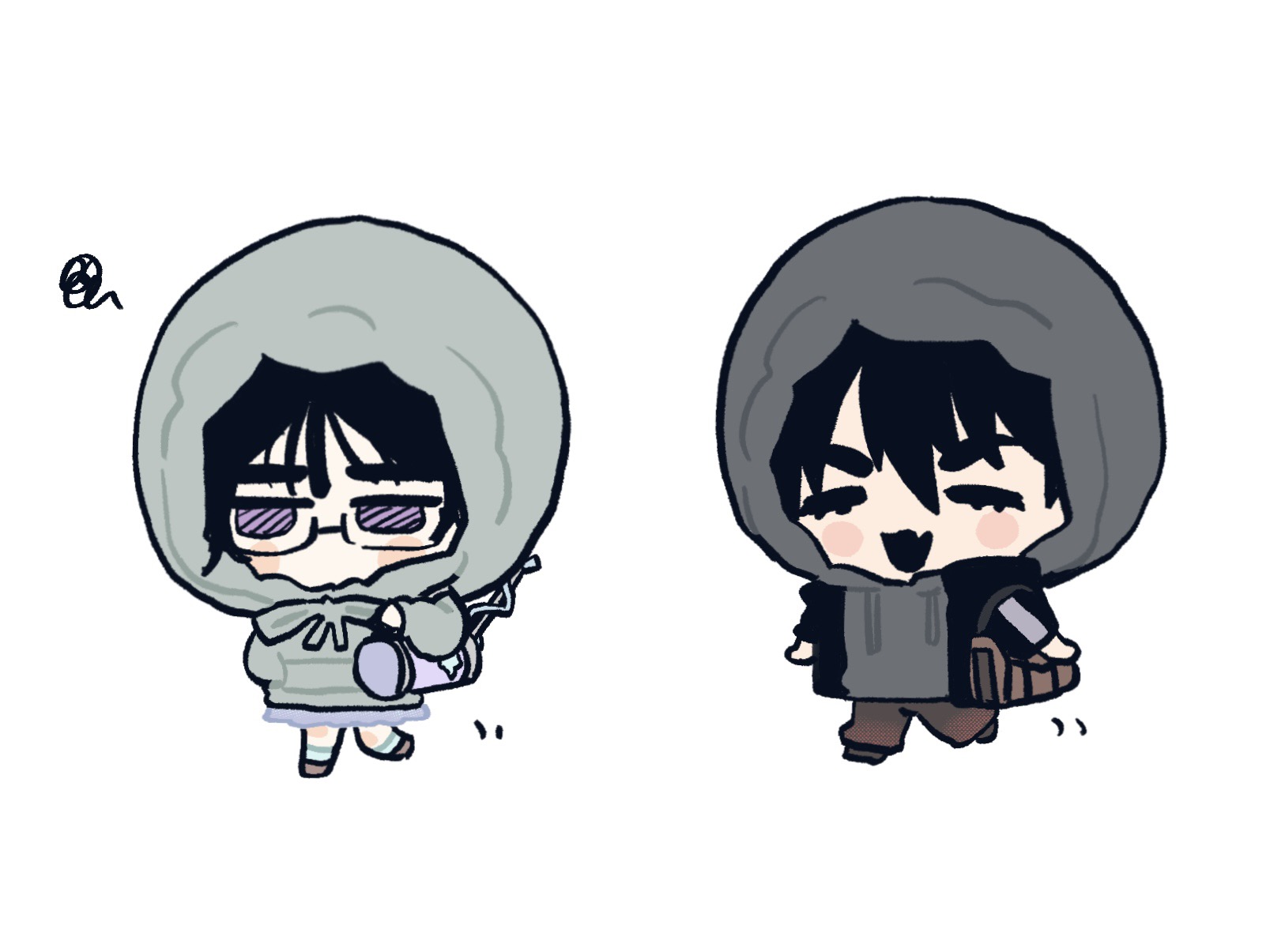 coldmeow, ivan (alien stage), sua (alien stage), alien stage, chinese commentary, commentary, highres, 1boy, 1girl, black jacket, blush stickers, brown bag, brown pants, chibi, chibi only, closed eyes, fang, grey hoodie, grey skirt, hood, hood up, hoodie, jacket, jacket over hoodie, official alternate costume, open mouth, pants, purple bag, purple eyes, skin fang, skirt, smile, squiggle