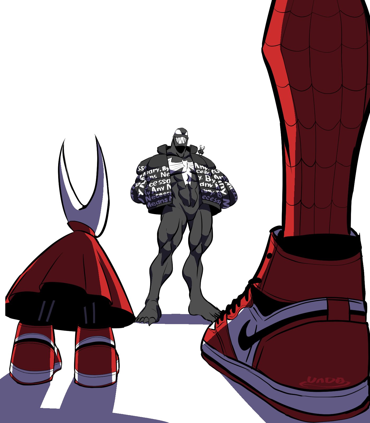 hornet (hollow knight), knight (hollow knight), peter parker, spider-man, venom (marvel), hollow knight, marvel, nike (company), nike air force 1, spider-man (series), commentary, english commentary, highres, 1girl, 1other, 2boys, abs, animal print, barefoot, best shortcut, black jacket, black skin, bodysuit, cape, colored skin, grin, hands in pockets, jacket, jewelry, male focus, multiple boys, muscular, muscular male, open clothes, open jacket, pectorals, print jacket, red bodysuit, red cape, red shoes, shadow, sharp teeth, shoes, size difference, smile, sneakers, spider print, spider web print, standing, superhero costume, teeth, white background, white mask