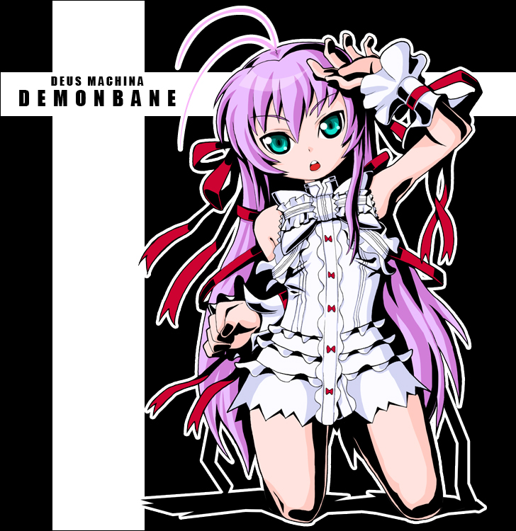 kurono, al azif (demonbane), demonbane, 00s, dress, frills, green eyes, hair ribbon, long hair, purple hair, ribbon, short dress, solo, wrist cuffs