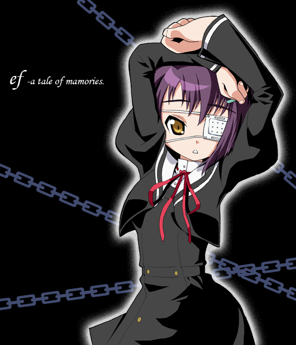 kurono, shindou chihiro, ef (visual novel), 00s, 1girl, arms up, black dress, black jacket, chain, cropped legs, dress, eyepatch, female focus, jacket, long sleeves, looking at viewer, neck ribbon, open mouth, purple hair, red ribbon, ribbon, school uniform, short hair, solo, yellow eyes