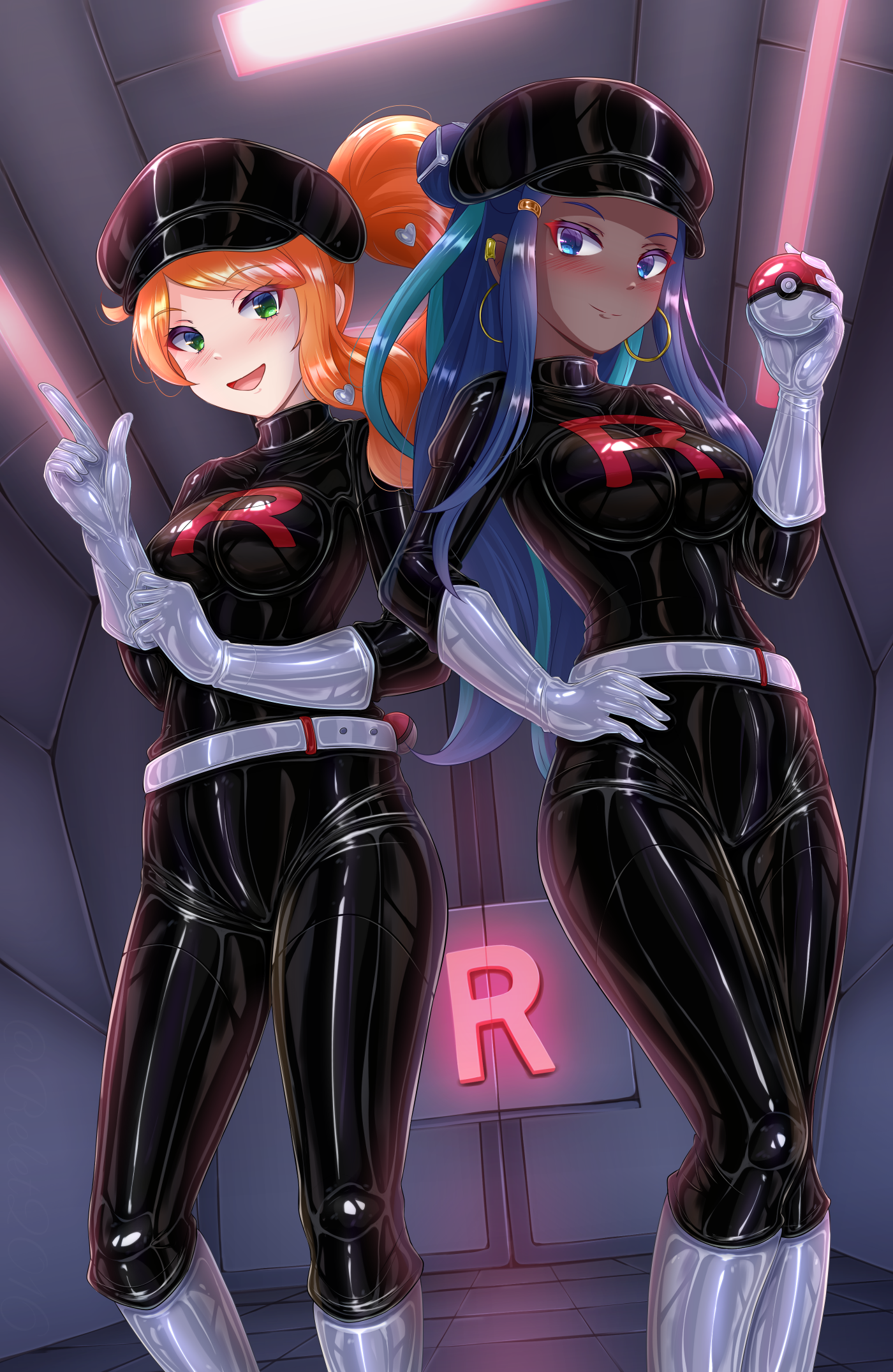 riretsuto, nessa (pokemon), sonia (pokemon), nintendo, pokemon, pokemon swsh, highres, 2girls, aqua hair, belt, black bodysuit, black hat, blue eyes, blue hair, bodysuit, boots, breasts, dark-skinned female, dark persona, dark skin, earrings, gloves, green eyes, hat, hoop earrings, jewelry, latex, latex bodysuit, long hair, looking at viewer, medium breasts, multicolored hair, multiple girls, orange hair, poke ball, poke ball (basic), shiny clothes, skin tight, smile, team rocket, two-tone hair, white boots, white gloves
