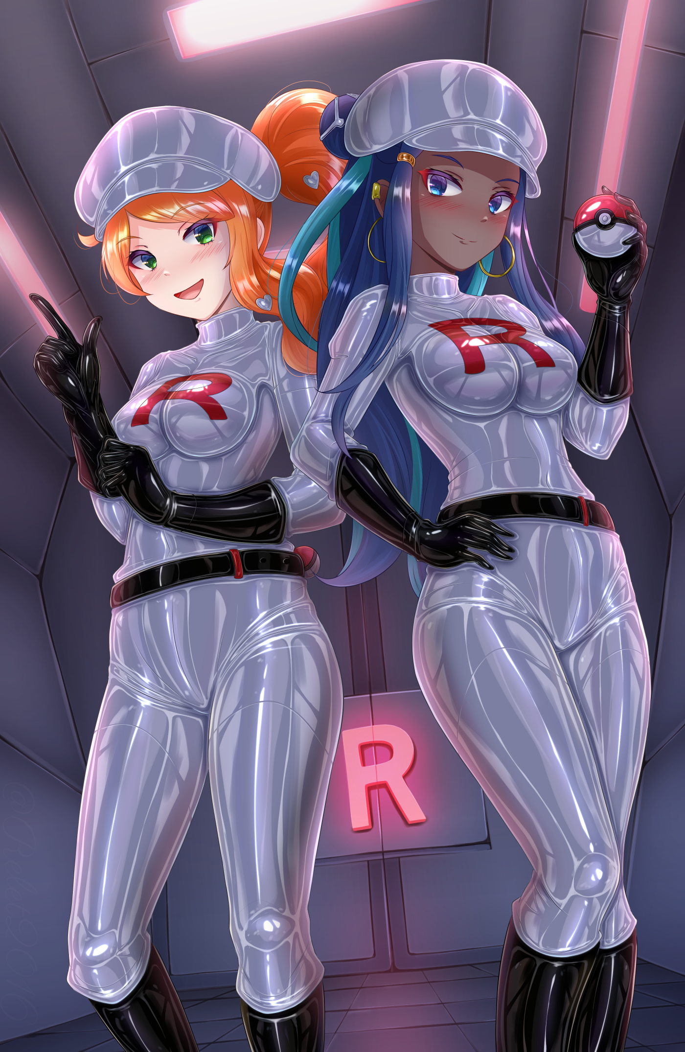 riretsuto, nessa (pokemon), sonia (pokemon), nintendo, pokemon, pokemon swsh, highres, 2girls, aqua hair, belt, black boots, black gloves, blue eyes, blue hair, bodysuit, boots, breasts, dark-skinned female, dark persona, dark skin, earrings, gloves, green eyes, hat, hoop earrings, jewelry, latex, latex bodysuit, long hair, looking at viewer, medium breasts, multicolored hair, multiple girls, orange hair, poke ball, poke ball (basic), shiny clothes, skin tight, smile, team rocket, two-tone hair, white bodysuit, white hat