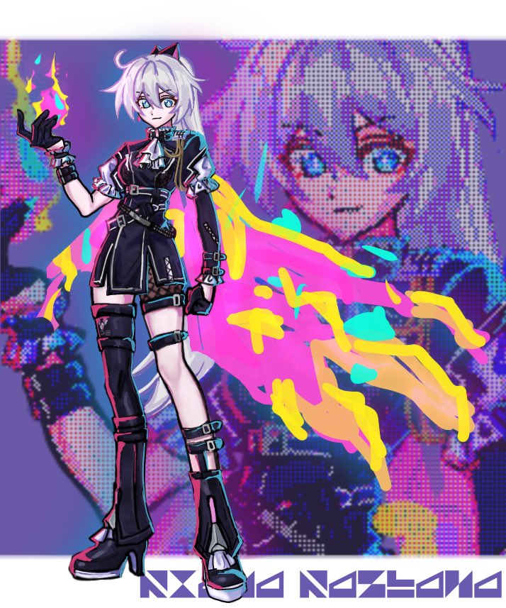 kiana kaslana, kiana kaslana (born in flames), kiana kaslana (herrscher of flamescion), honkai (series), honkai impact 3rd, promare, 1girl, ahoge, ascot, blue eyes, boots, buckle, fishnets, gloves, hoyo4 0911, ponytail, short sleeves, single thighhigh, smirk, thigh strap, thighhighs, white hair