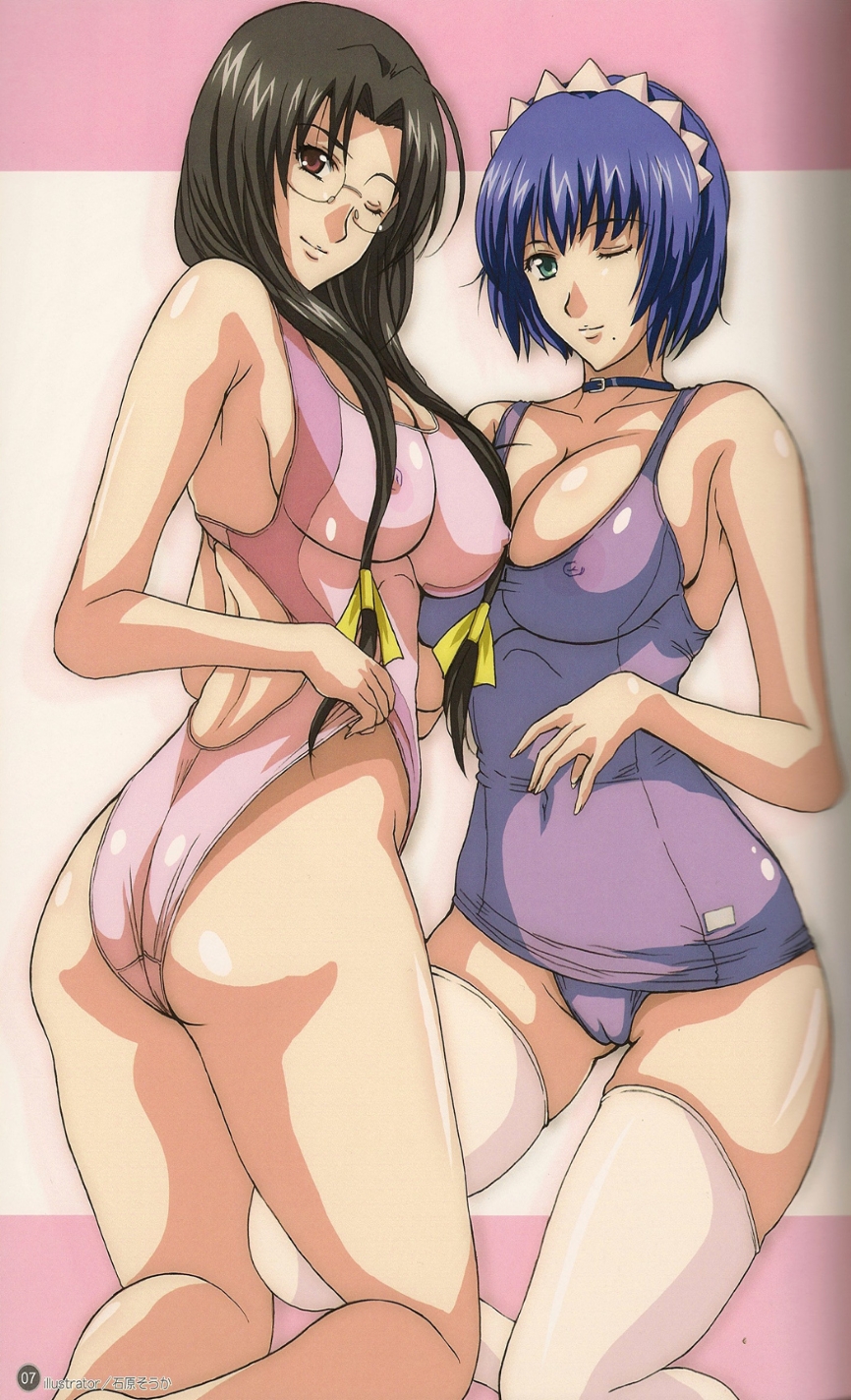 ishihara souka, kaku bunwa, ryomou shimei, ikkitousen, ikkitousen great guardians, highres, 00s, 2girls, ass, between thighs, black hair, blue hair, breasts, brown eyes, cameltoe, choker, cleavage, covered erect nipples, glasses, green eyes, hairband, large breasts, long hair, looking back, mole, mole under mouth, multiple girls, nipples, no eyepatch, one-piece swimsuit, one eye closed, purple one-piece swimsuit, purple school swimsuit, school swimsuit, see-through clothes, short hair, smile, swimsuit, thighhighs, thighs, wink, yuri