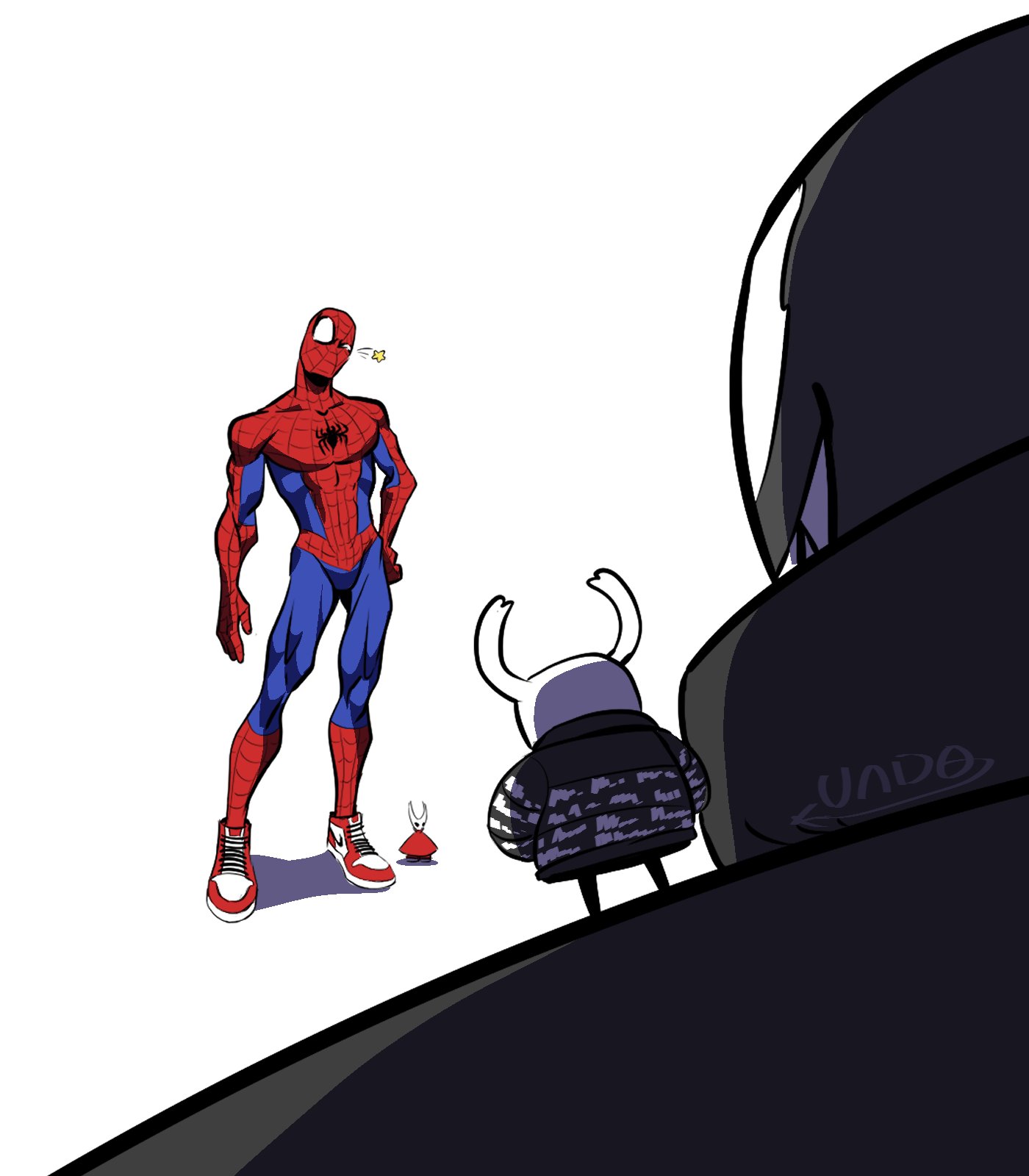 hornet (hollow knight), knight (hollow knight), peter parker, spider-man, venom (marvel), hollow knight, marvel, nike (company), nike air force 1, spider-man (series), commentary, english commentary, highres, 1girl, 1other, 2boys, abs, animal print, barefoot, best shortcut, black jacket, black skin, blue bodysuit, bodysuit, cape, colored skin, grin, hands in pockets, jacket, jewelry, male focus, multiple boys, muscular, muscular male, open clothes, open jacket, pectorals, print jacket, red bodysuit, red cape, red shoes, shadow, sharp teeth, shoes, size difference, smile, sneakers, spider print, spider web print, standing, superhero costume, teeth, two-tone bodysuit, white background, white mask