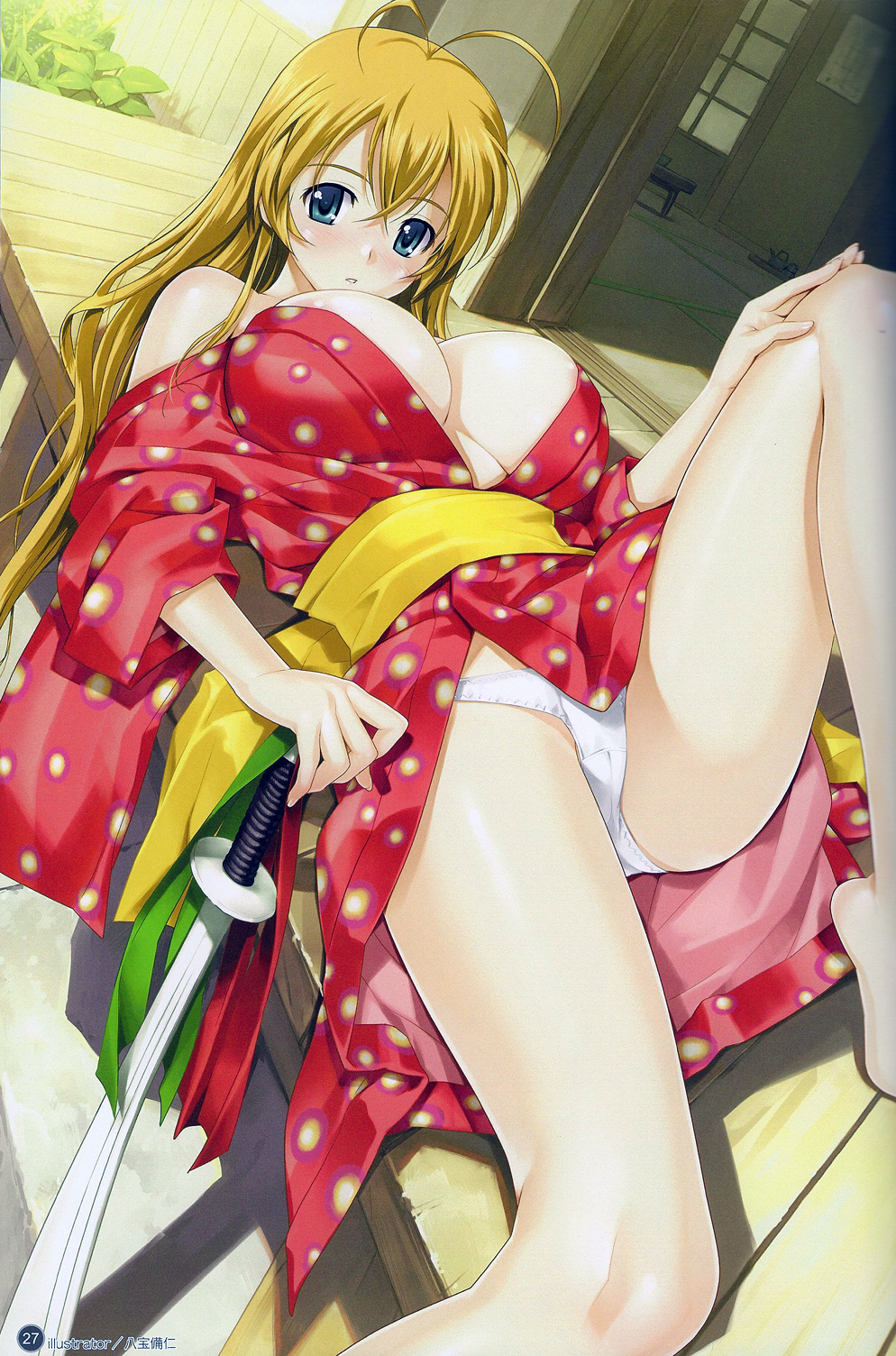 happoubi jin, sonsaku hakufu, ikkitousen, ikkitousen great guardians, highres, 00s, 1girl, antenna hair, blonde hair, blue eyes, breasts, female focus, huge breasts, japanese clothes, kimono, large breasts, long hair, open clothes, open shirt, panties, pantyshot, red skirt, shirt, skirt, solo, sword, underwear, upskirt, weapon