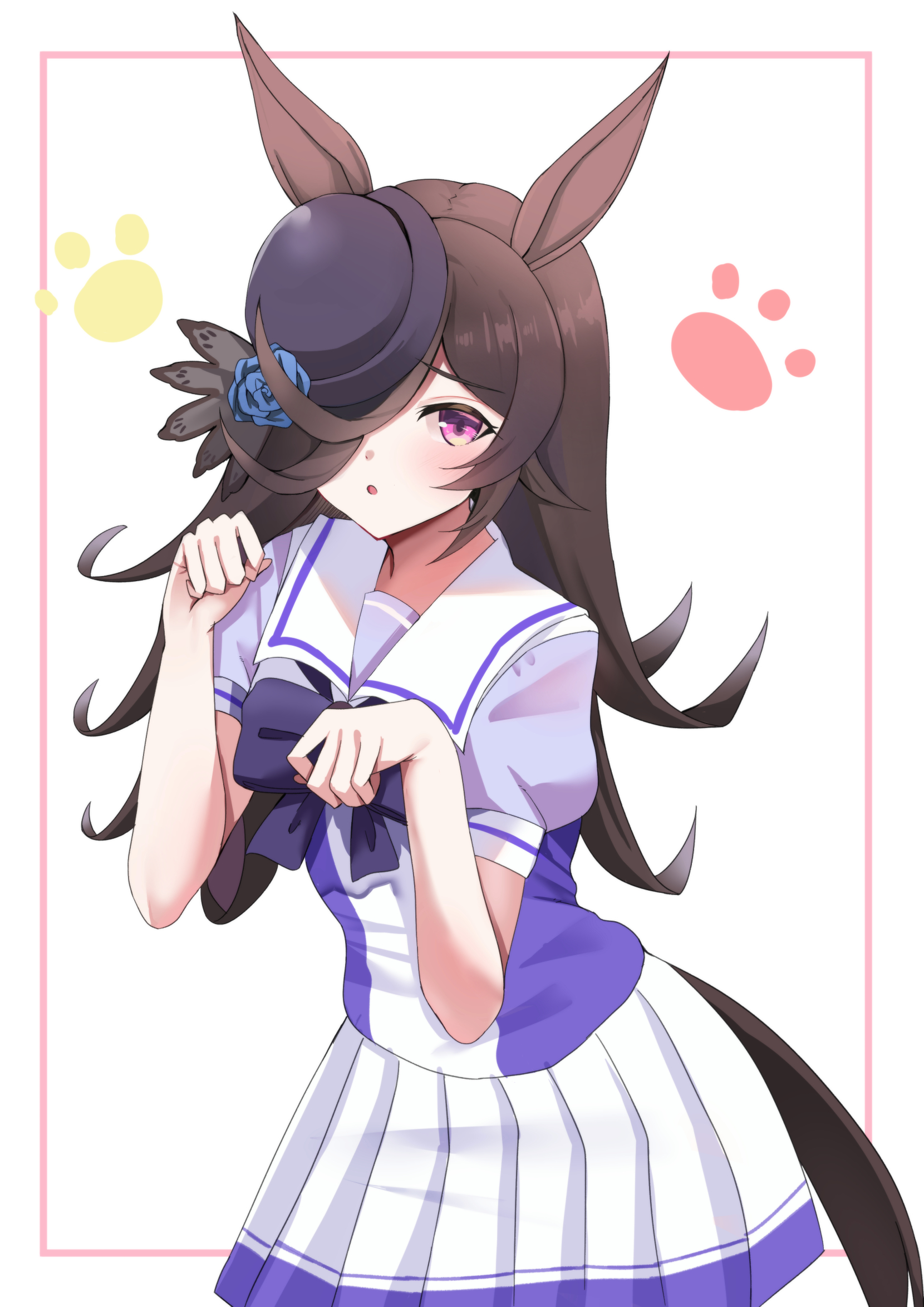 setu (shining12), rice shower (umamusume), umamusume, highres, 1girl, animal ears, blue flower, blue rose, blush, bow, bowtie, breasts, brown hair, flipped hair, flower, hair over one eye, hat, hat flower, horse ears, horse girl, horse tail, long hair, looking at viewer, open mouth, parted lips, paw pose, puffy short sleeves, puffy sleeves, purple bow, purple eyes, purple shirt, rose, sailor collar, school uniform, shirt, short sleeves, skirt, solo, tail, tilted headwear, tracen school uniform, white sailor collar, white skirt