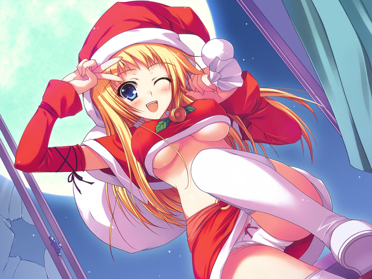 tomose shunsaku, 1girl, bandeau, bell, blonde hair, blue eyes, blush, bow, bow panties, breasts, broken window, christmas, covered erect nipples, detached sleeves, dutch angle, female focus, from below, hat, long hair, medium breasts, miniskirt, moon, one eye closed, open mouth, panties, pantyshot, santa costume, santa hat, skirt, solo, strapless, thighhighs, tube top, underboob, underwear, upskirt, v, white panties, wink