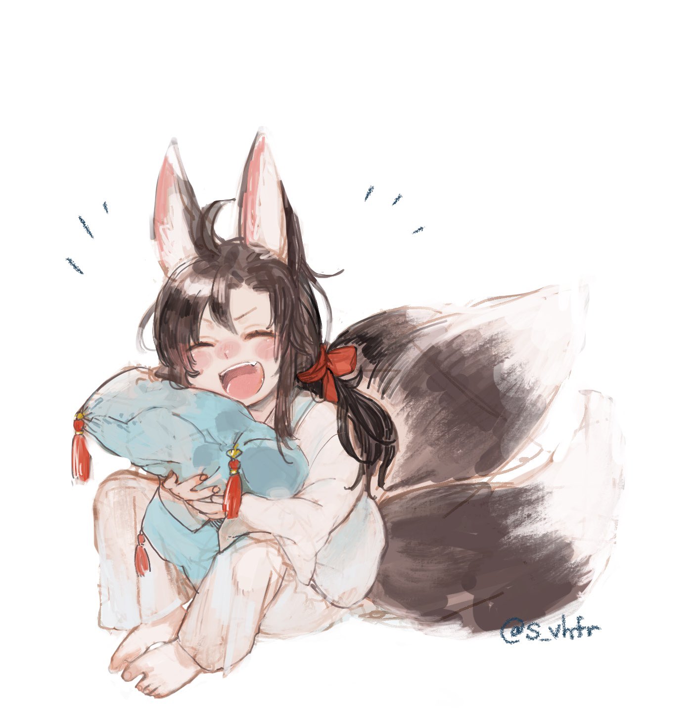 konno shimako, wei wuxian, modao zushi, highres, 1boy, :d, ^ ^, age regression, aged down, ahoge, alternate costume, alternate hairstyle, animal ear fluff, animal ears, barefoot, black hair, blush, bow, brown hair, chinese clothes, closed eyes, facing viewer, fang, fox boy, fox ears, fox tail, full body, hair bow, hair ribbon, hanfu, happy, holding, hugging object, kemonomimi mode, kitsune, kyuubi, long hair, long sleeves, low ponytail, male focus, multiple tails, notice lines, open mouth, pajamas, pants, pillow, pillow hug, ponytail, red bow, red ribbon, ribbon, simple background, sitting, smile, solo, tail, tassel, twitter username, white background, white hanfu, white pants
