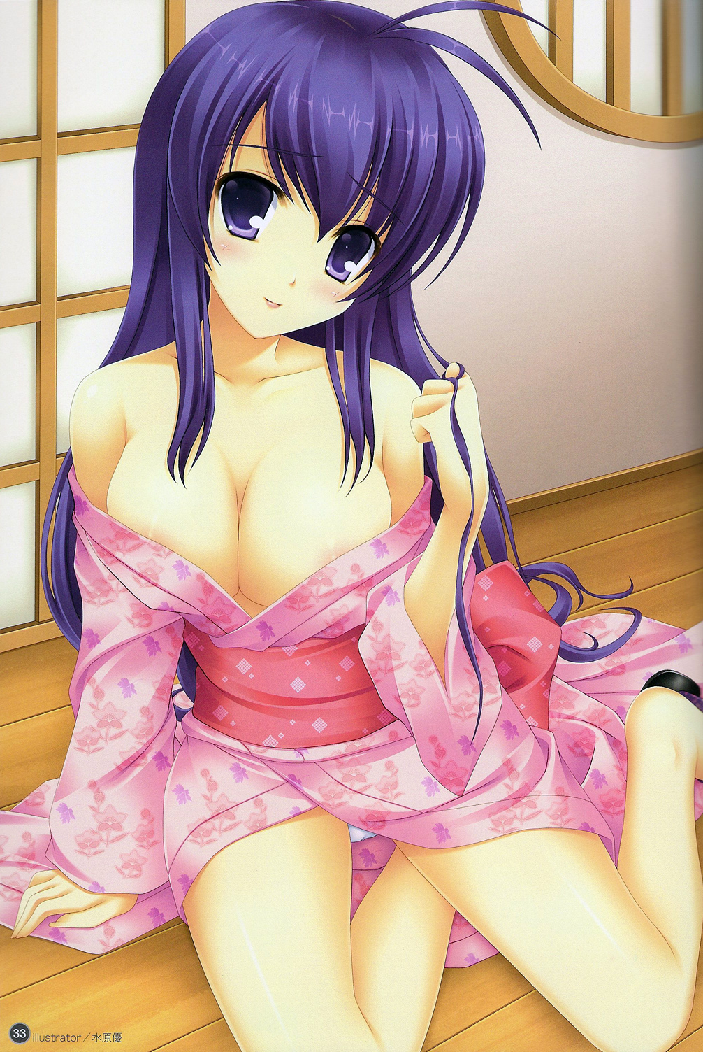 mizuhara yuu, kan'u unchou, ikkitousen, ikkitousen great guardians, highres, 00s, 1girl, ahoge, blush, breasts, cleavage, female focus, japanese clothes, kimono, long hair, no bra, open clothes, open kimono, open robe, panties, pantyshot, purple eyes, purple hair, robe, round window, sitting, smile, solo, underwear, white panties, window, wooden floor