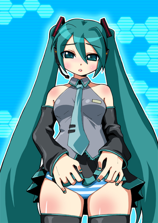 kurono, hatsune miku, vocaloid, aqua eyes, aqua hair, detached sleeves, long hair, necktie, panties, solo, striped clothes, striped panties, thighhighs, twintails, underwear