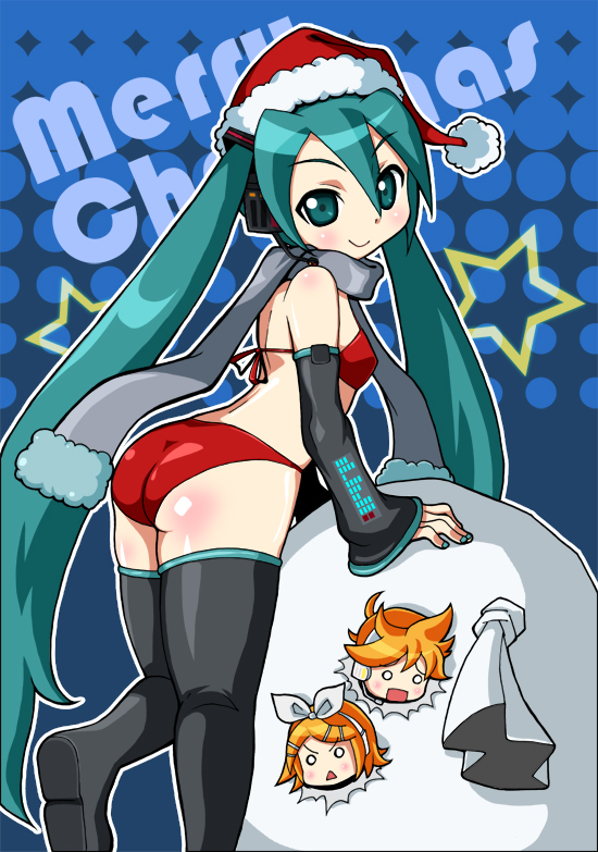 kurono, hatsune miku, kagamine len, kagamine rin, vocaloid, aqua eyes, aqua hair, bikini, christmas, detached sleeves, hat, long hair, sack, santa bikini, santa costume, santa hat, scarf, swimsuit, thighhighs, twintails