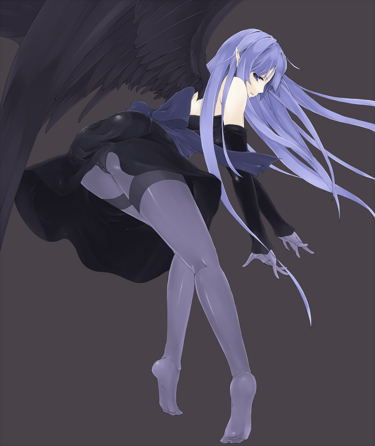 rr2, rr (pixiv377143), rr (rr2), black-winged magician, night wing sorceress, night winged sorceress, yu-gi-oh!, yu-gi-oh! duel monsters, highres, 1girl, ass, black panties, bow, dress, duel monster, elbow gloves, female focus, gloves, long hair, panties, panties under pantyhose, pantyhose, pantyshot, pointy ears, purple eyes, purple hair, solo, thighband pantyhose, underwear, very long hair, wings