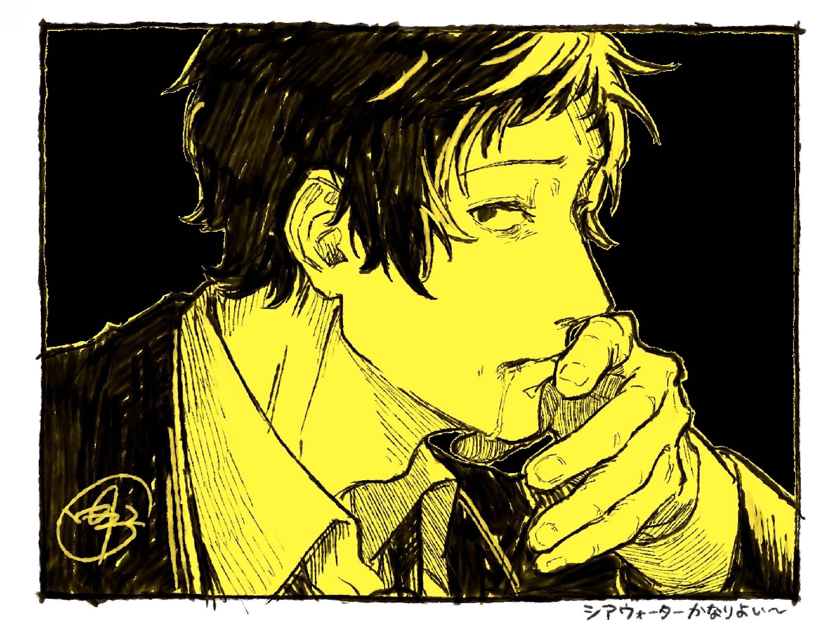 adachi tooru, persona, persona 4, commentary request, highres, translation request, 1boy, black background, border, closed mouth, collared shirt, drooling, hand on own chin, looking to the side, male focus, monochrome, shirt, short hair, signature, simple background, solo, tnkmrcap, upper body, white border, yellow theme