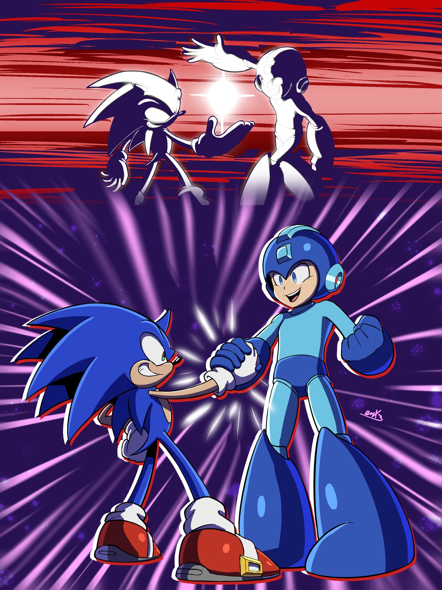 mega man (character), one piece, sonic (series), sonic racing: crossworlds, 2boys, blue eyes, crossover, gloves, grin, helmet, holding hands, looking at another, multiple boys, open mouth, robot, shoes, smile, sonmegaic the hedgehog