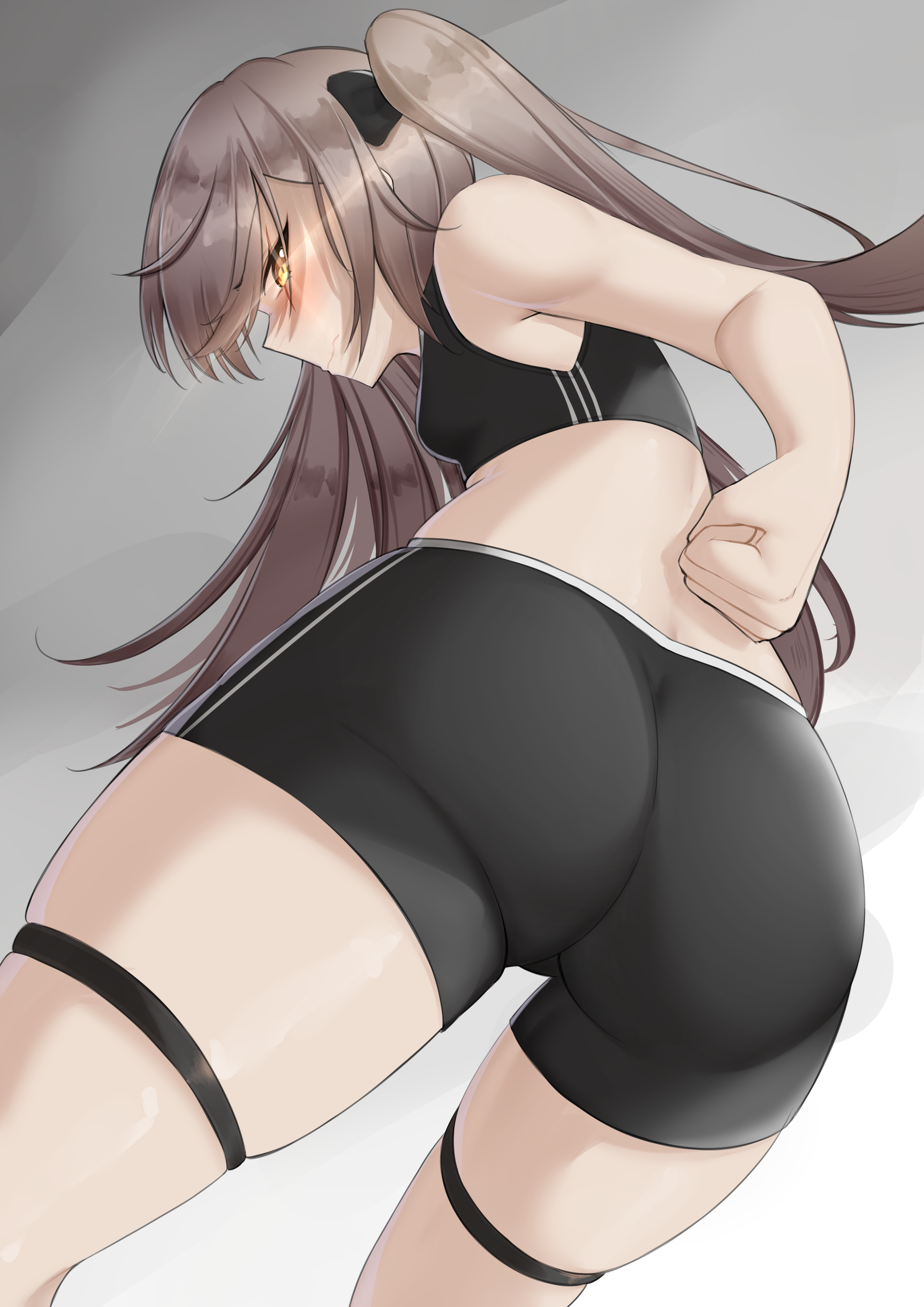 notporred, ump45 (girls' frontline), girls' frontline, absurdres, commentary, highres, 1girl, ass, ass focus, bike shorts, black shorts, blush, breasts, brown hair, clenched hand, from behind, from below, long hair, looking at viewer, looking back, one side up, scar, scar across eye, scar on face, shorts, small breasts, solo, sports bra, thigh strap, thighs, wavy mouth, yellow eyes