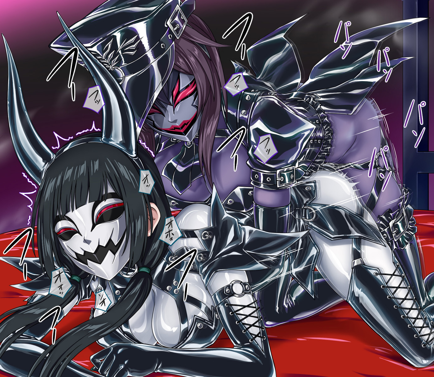 ribimura, original, commission, highres, 2girls, black gloves, black hair, black shrug, black thighhighs, bodysuit, brown hair, elbow gloves, fake horns, gloves, hat, horns, implied futanari, implied strap-on, impossible bodysuit, impossible clothes, latex, latex bodysuit, mask, motion blur, motion lines, multiple girls, peaked cap, purple bodysuit, pussy juice, sex, shiny clothes, shrug (clothing), skin tight, thighhighs, white bodysuit, yuri