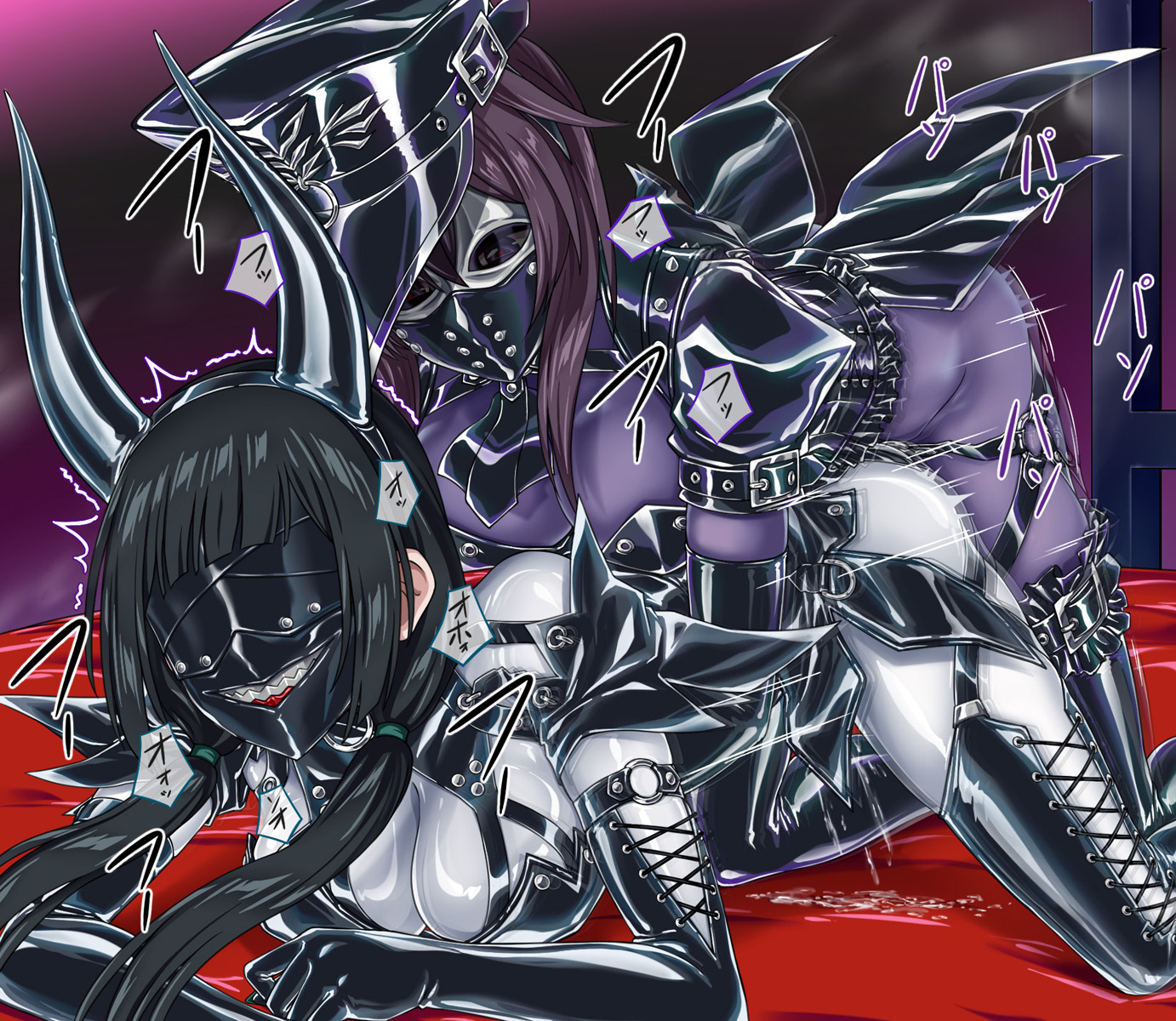 ribimura, original, commission, highres, 2girls, black gloves, black hair, black shrug, black thighhighs, bodysuit, brown hair, elbow gloves, fake horns, gloves, hat, horns, implied futanari, implied strap-on, impossible bodysuit, impossible clothes, latex, latex bodysuit, mask, motion blur, motion lines, multiple girls, peaked cap, purple bodysuit, pussy juice, sex, shiny clothes, shrug (clothing), skin tight, thighhighs, white bodysuit, yuri