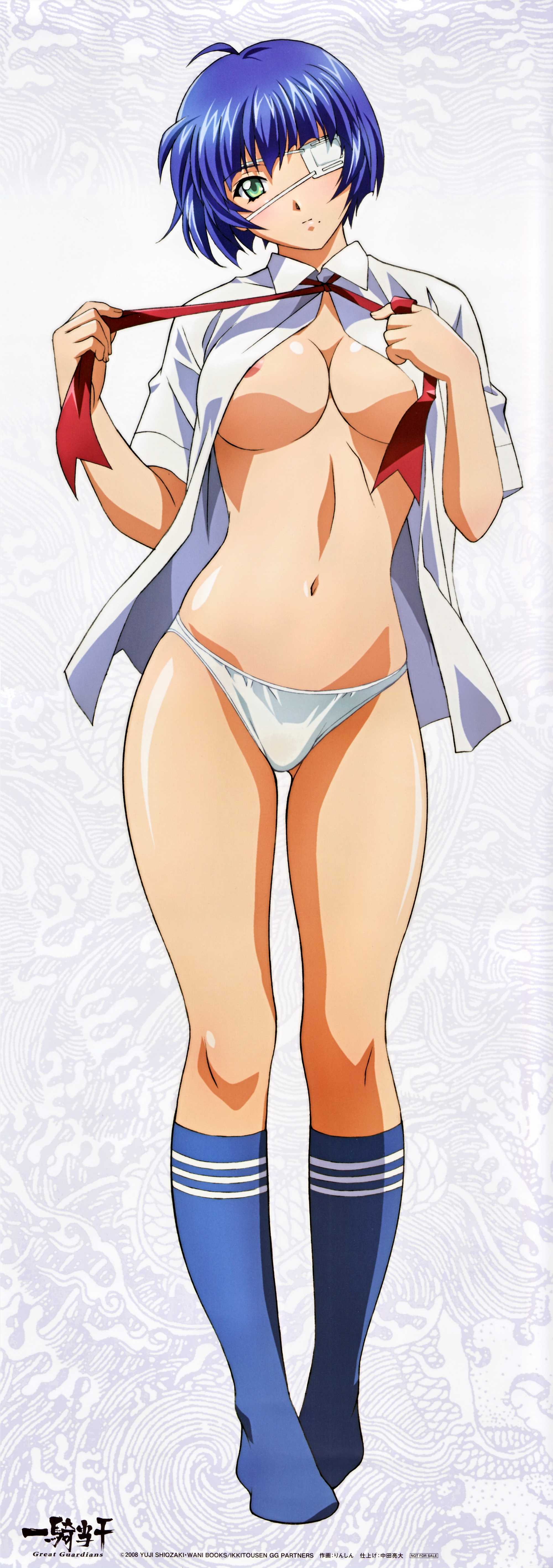 rin-sin, ryomou shimei, ikkitousen, absurdres, highres, long image, tall image, 00s, 1girl, 2008, ahoge, areola slip, blouse, blue hair, blue socks, breasts, cleavage, collared shirt, copyright name, eyepatch, female focus, full body, gradient background, green eyes, head tilt, kneehighs, medium breasts, nipple slip, nipples, no bra, no pants, open clothes, open shirt, panties, ribbon, shirt, short hair, socks, solo, standing, stick poster, underwear, white background, white shirt