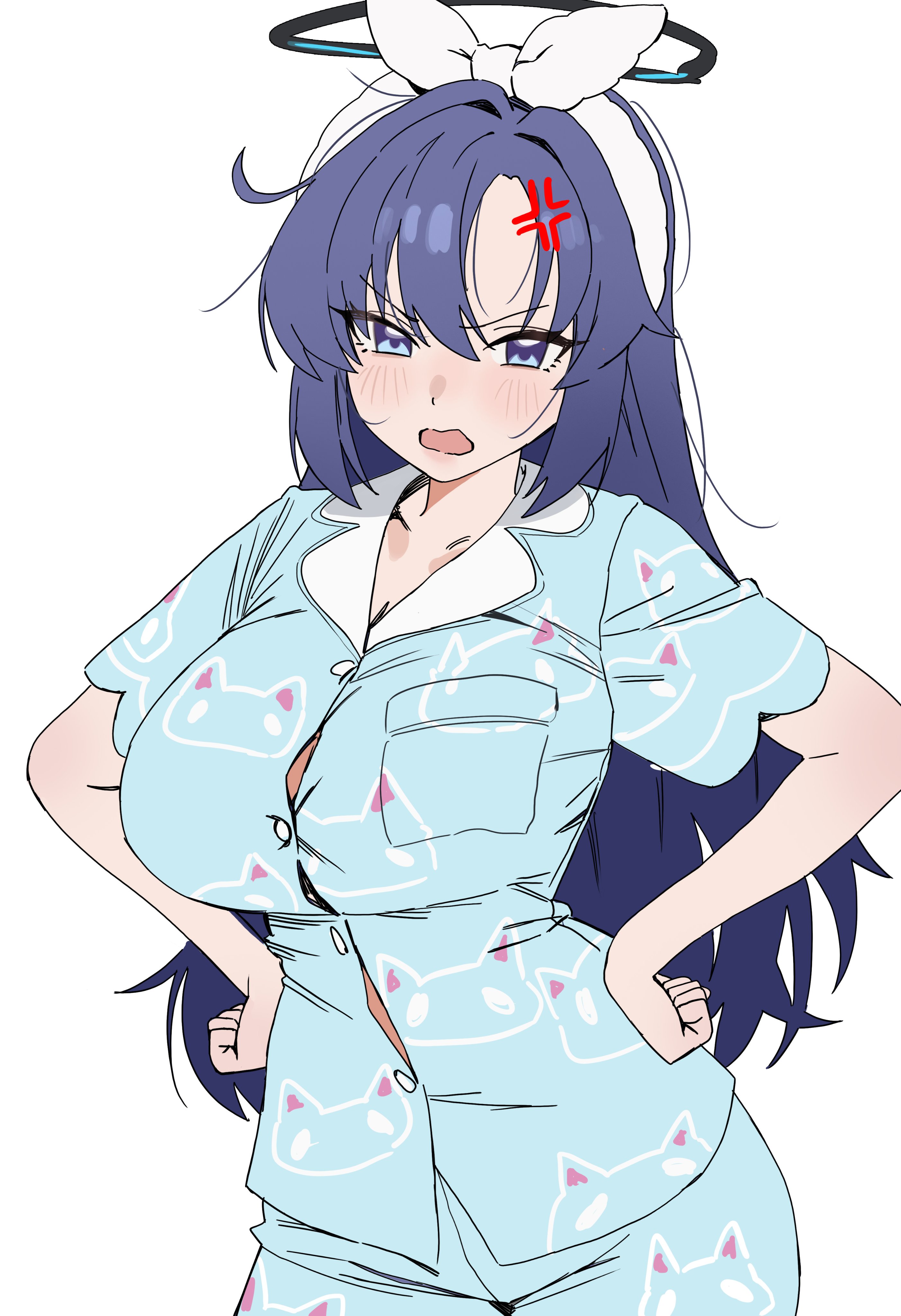 riel (rielilu), yuuka (blue archive), yuuka (pajamas) (blue archive), blue archive, absurdres, commentary request, highres, 1girl, alternate breast size (larger), animal print, black halo, blue pajamas, blue shirt, bow hairband, cat print, hairband, halo, mechanical halo, nightshirt, official alternate costume, pajamas, print pajamas, shirt, sleepwear, solo, white hairband