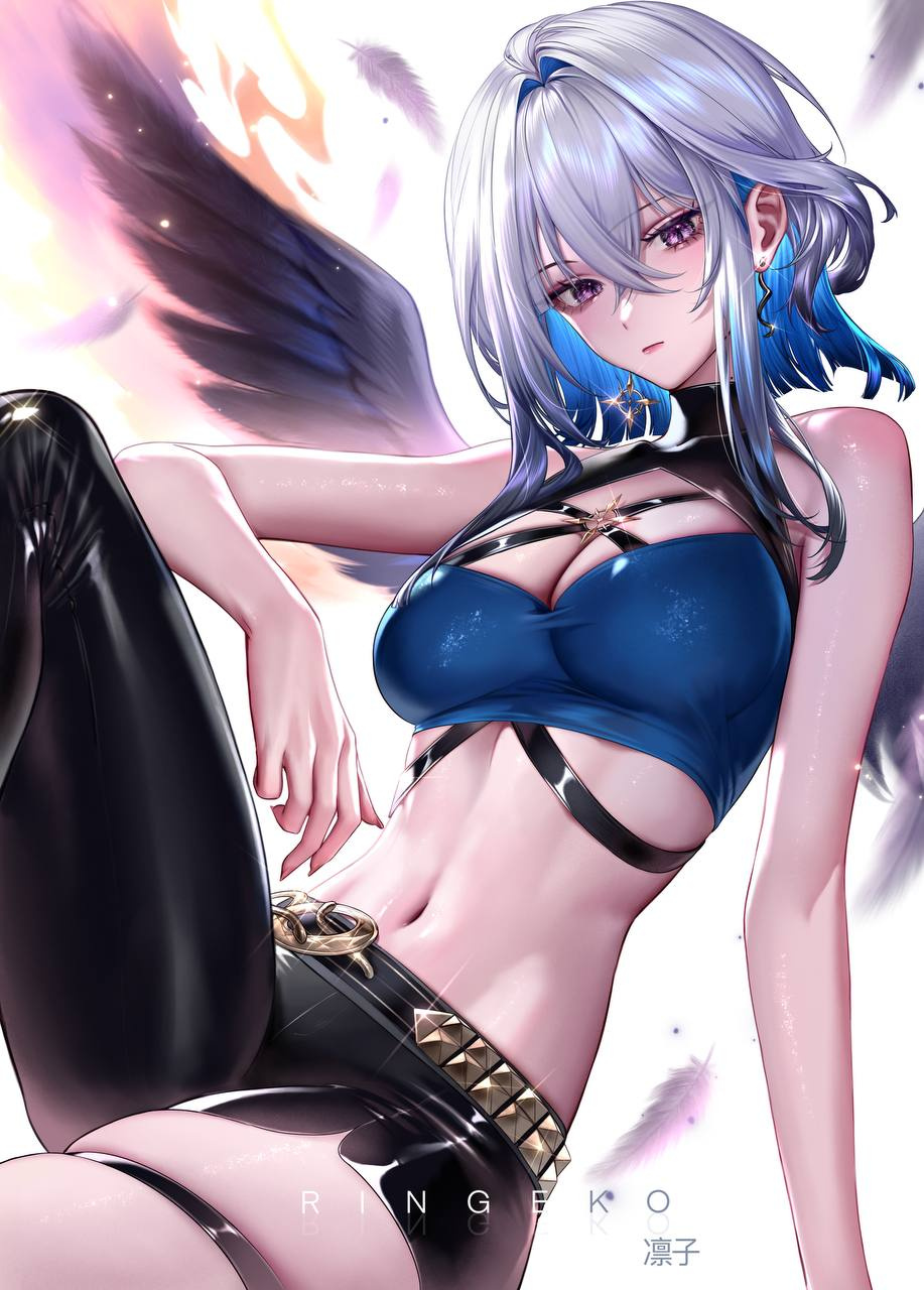 ringeko-chan, galbrena (wuthering waves), wuthering waves, commentary, highres, 1girl, artist name, bare arms, bare shoulders, black pantyhose, black shorts, black wings, blue bra, blue hair, bra, breasts, cleavage, crossed bangs, earrings, feathers, glint, hair between eyes, hair intakes, jewelry, linea alba, looking at viewer, medium breasts, medium hair, midriff, mismatched earrings, multicolored hair, navel, pantyhose, purple eyes, shiny clothes, short shorts, shorts, sidelocks, single leg pantyhose, sitting, skindentation, solo, stomach, thigh strap, two-tone hair, underwear, white hair, wings