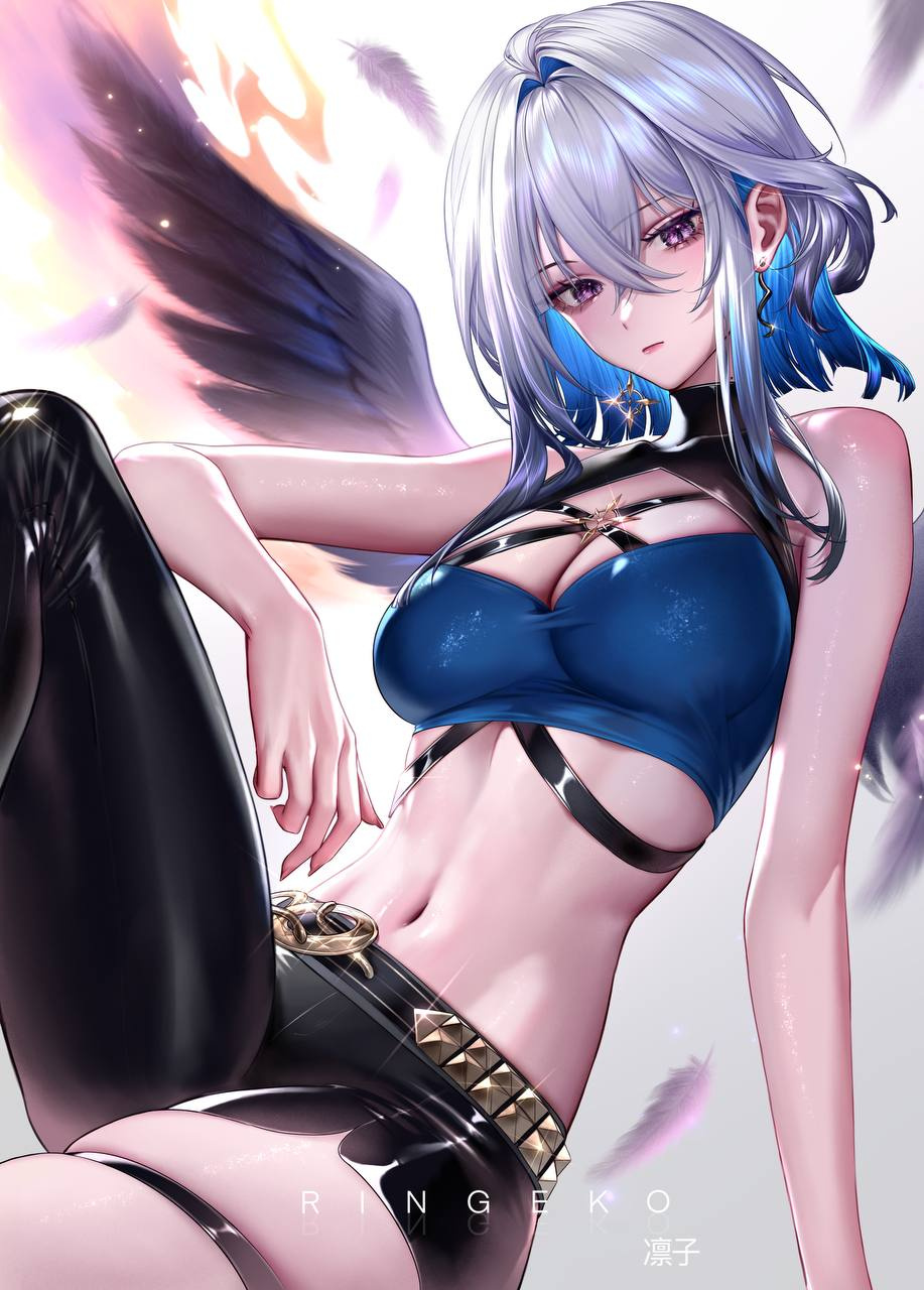 ringeko-chan, galbrena (wuthering waves), wuthering waves, commentary, highres, 1girl, artist name, bare arms, bare shoulders, black pantyhose, black shorts, black wings, blue bra, blue hair, bra, breasts, cleavage, crossed bangs, earrings, feathers, glint, hair between eyes, hair intakes, jewelry, linea alba, looking at viewer, medium breasts, medium hair, midriff, mismatched earrings, multicolored hair, navel, pantyhose, purple eyes, shiny clothes, short shorts, shorts, sidelocks, single leg pantyhose, sitting, skindentation, solo, stomach, thigh strap, two-tone hair, underwear, white hair, wings