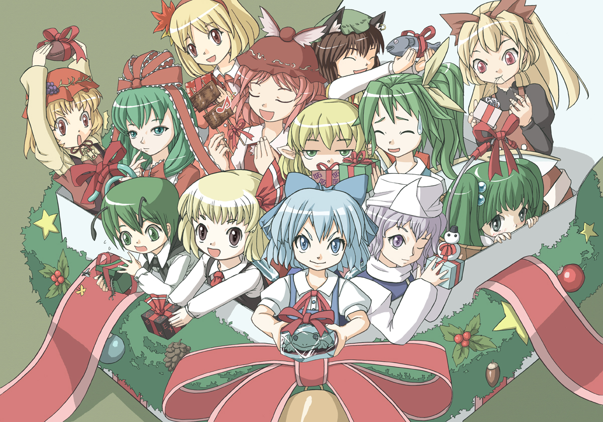 marujin, aki minoriko, aki shizuha, chen, cirno, daiyousei, kagiyama hina, kisume, kurodani yamame, letty whiterock, mizuhashi parsee, mystia lorelei, rumia, wriggle nightbug, touhou, 6+girls, blonde hair, christmas, everyone, female focus, fish, gift, multiple girls, potato, red eyes