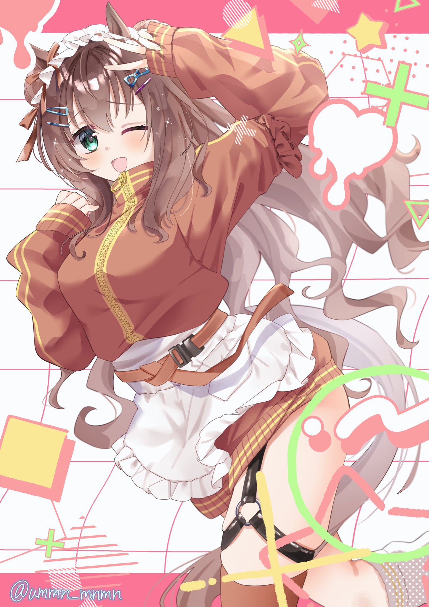 maruzensky (umamusume), umamusume, highres, 1girl, alternate costume, animal ears, apron, blue eyes, blush, bow, breasts, brown hair, ear bow, ear ornament, frilled apron, frills, green eyes, hair between eyes, hair ornament, hairclip, heart, horse ears, horse girl, horse tail, jacket, jersey maid, large breasts, long hair, looking at viewer, loose socks, maid, maid apron, maid headdress, one eye closed, open mouth, plus sign, red jacket, red thighhighs, single thighhigh, smile, socks, solo, square, star (symbol), tail, thigh strap, thighhighs, track jacket, triangle, ummn mnmn, unconventional maid, v, waist apron, white apron, white socks
