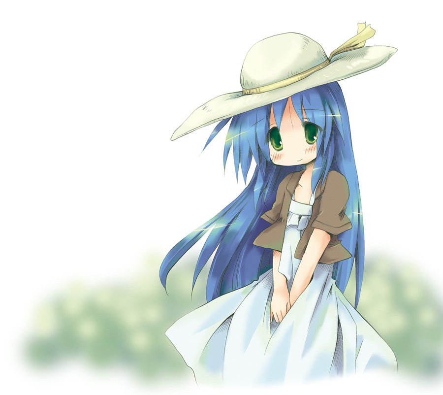 sakanaya nakasa, izumi kanata, lucky star, 00s, 1girl, blue hair, blush, cowboy shot, dress, female focus, green eyes, hat, looking at viewer, own hands together, simple background, skirt, solo, sun hat, sundress, v arms, white background, white dress