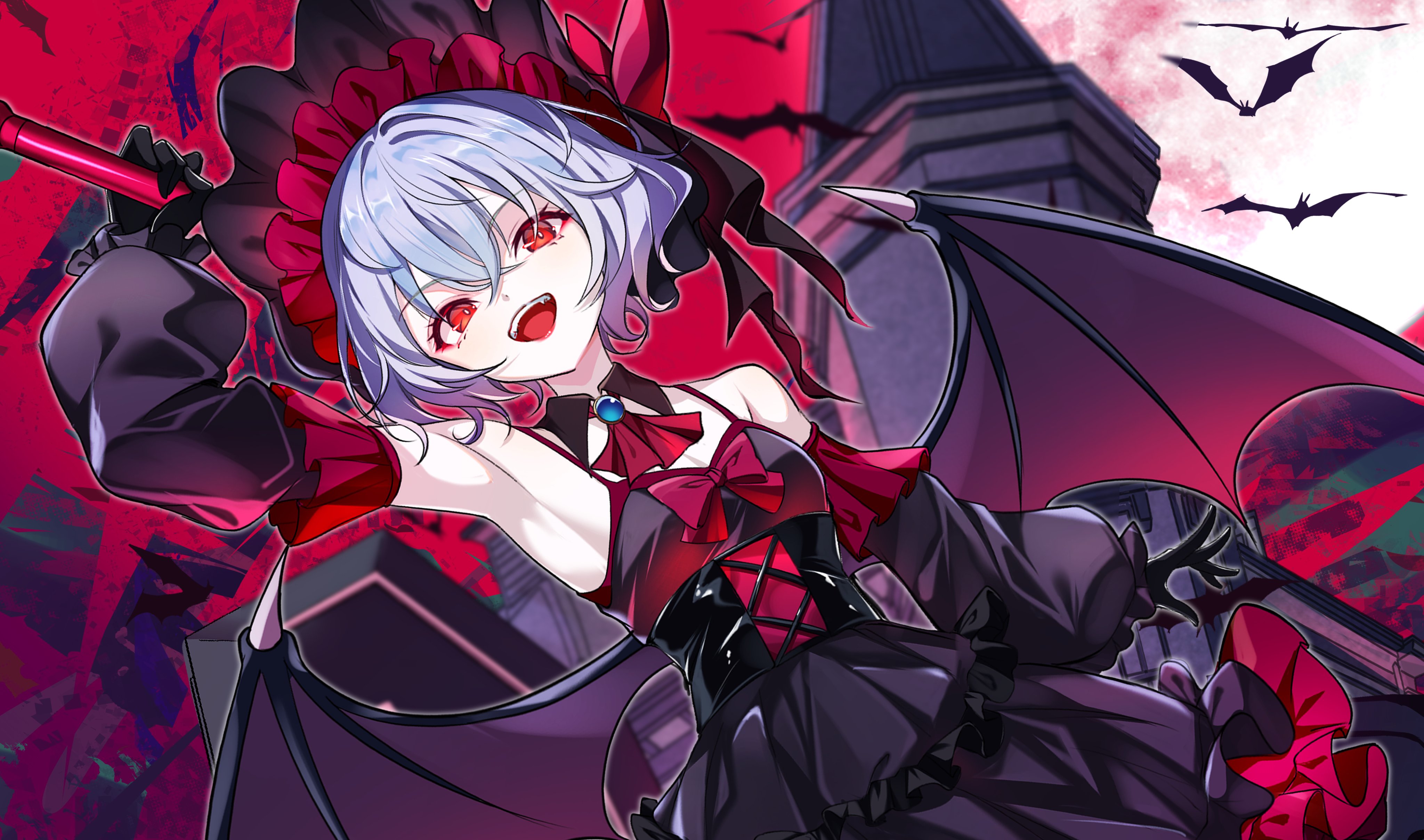 yamanakaume, remilia scarlet, touhou, absurdres, highres, alternate costume, bat wings, hat, hat ribbon, mob cap, night, night sky, open mouth, red eyes, ribbon, short hair, sky, vampire, wings