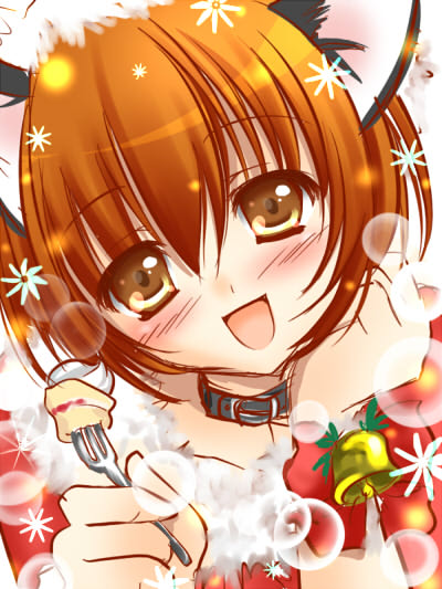 kino (kino konomi), kino konomi, maruru (pixiv), chen, touhou, bad id, bad pixiv id, 1girl, :d, animal ears, bell, blush, brown eyes, brown hair, cat ears, cat girl, christmas, collar, feeding, female focus, food, happy, head tilt, incoming food, looking at viewer, open mouth, pov feeding, short hair, smile, solo