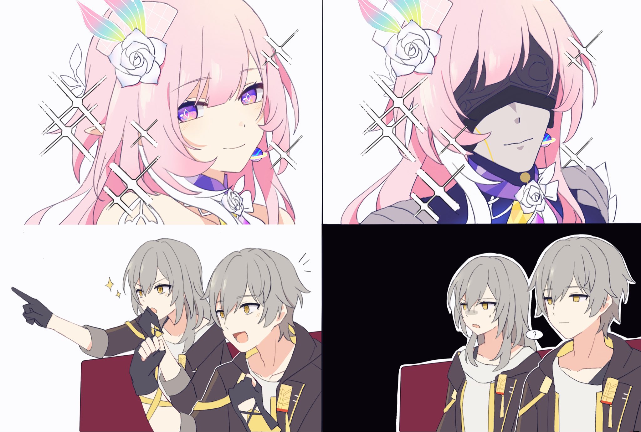 caelus (honkai: star rail), cyrene (honkai: star rail), cyrene (ripples of past reverie) (honkai: star rail), lygus (honkai: star rail), stelle (honkai: star rail), trailblazer (honkai: star rail), honkai: star rail, honkai (series), commentary, highres, 2boys, 2girls, ?, black background, covered eyes, diamond-shaped pupils, diamond (shape), earrings, flower, gloves, grey hair, hair flower, hair ornament, humanoid robot, jacket, jewelry, ki ii37, long hair, meme, multiple boys, multiple girls, pink hair, purple eyes, robot, shirt, short hair, single earring, smile, sparkle, symbol-shaped pupils, white background, white streaks, wig, yellow eyes