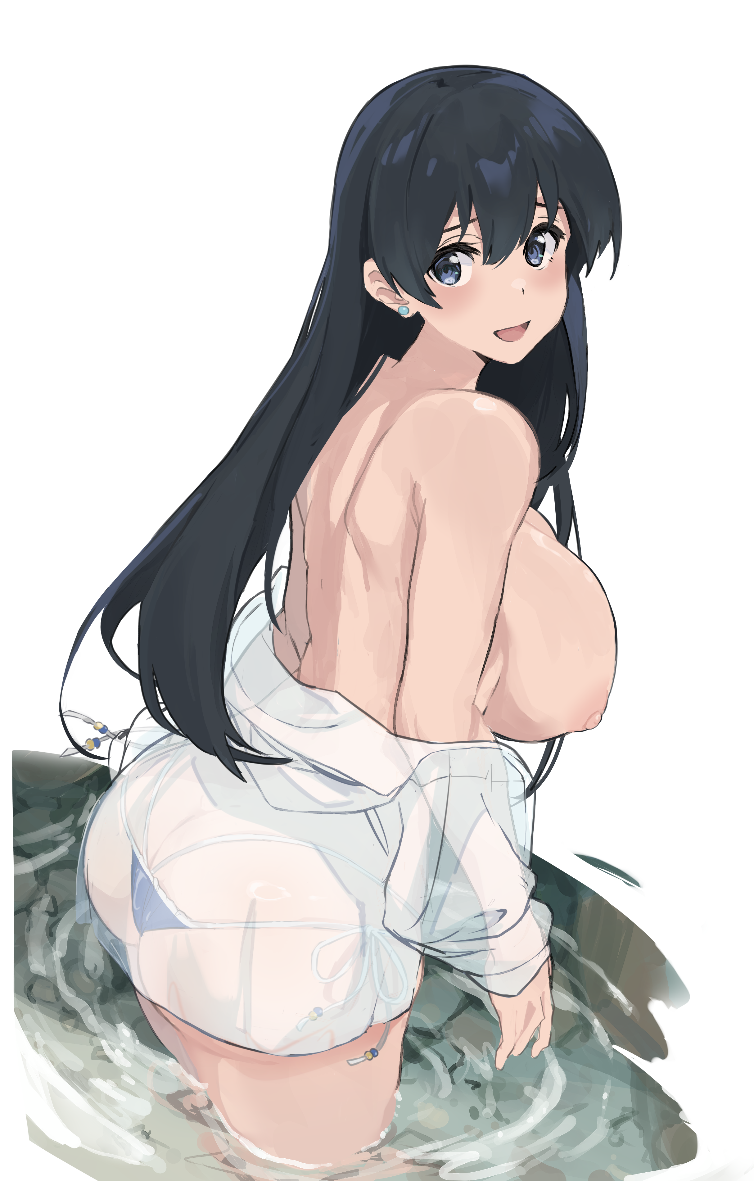 gya2021, arato nagi, ruri no houseki, absurdres, commentary request, highres, 1girl, ass, back, bikini, bikini bottom only, black hair, blue eyes, breasts, ear piercing, hair between eyes, large breasts, long hair, micro bikini, nipples, piercing, see-through clothes, simple background, swimsuit, water, white background