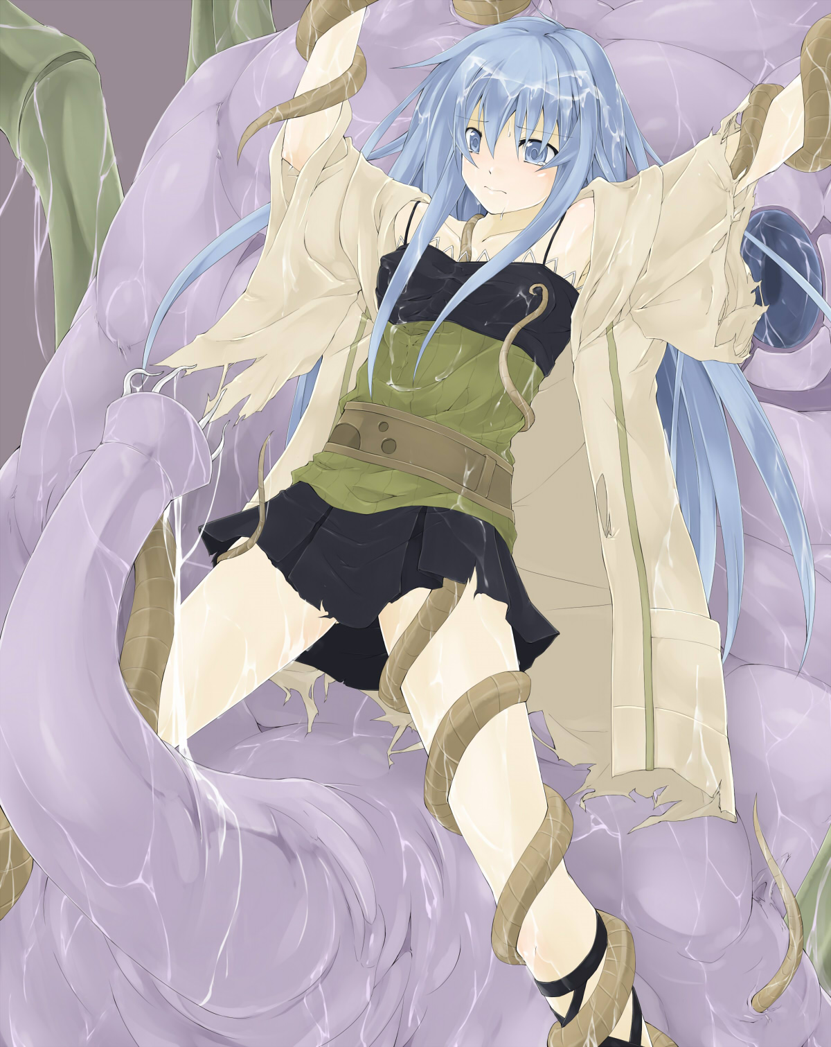 rr2, rr (pixiv377143), rr (rr2), eria (yu-gi-oh!), eria the water charmer, interplanetary invader "a", yu-gi-oh!, yu-gi-oh! duel monsters, highres, 1girl, bdsm, blue eyes, blue hair, breasts, cum, duel monster, female focus, imminent rape, long hair, matching hair/eyes, miniskirt, monster, restrained, skirt, small breasts, solo, spread legs, sweat, tears, tentacles, wet, you gonna get raped
