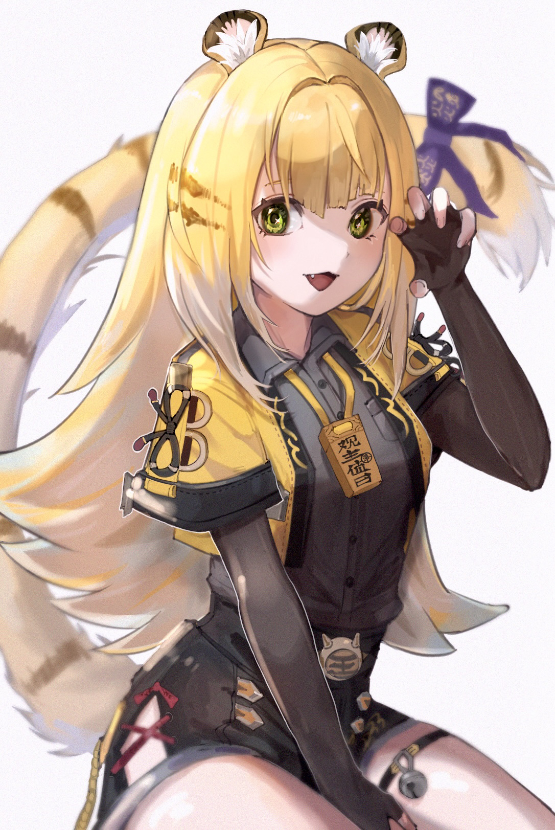 ju fufu, zenless zone zero, highres, 1girl, :d, animal ear fluff, animal ears, bell, between legs, black gloves, black shirt, black shorts, blonde hair, blunt bangs, breast pocket, collared shirt, dress shirt, elbow gloves, fang, fingerless gloves, gloves, green eyes, hair intakes, hand between legs, high-waist shorts, jacket, long hair, open clothes, open jacket, open mouth, pocket, shirt, short shorts, short sleeves, shorts, sitting, smile, solo, striped hair, tail, thigh strap, tiger ears, tiger girl, tiger tail, uha (pixiv51732074), very long hair, white background, wing collar, yellow jacket