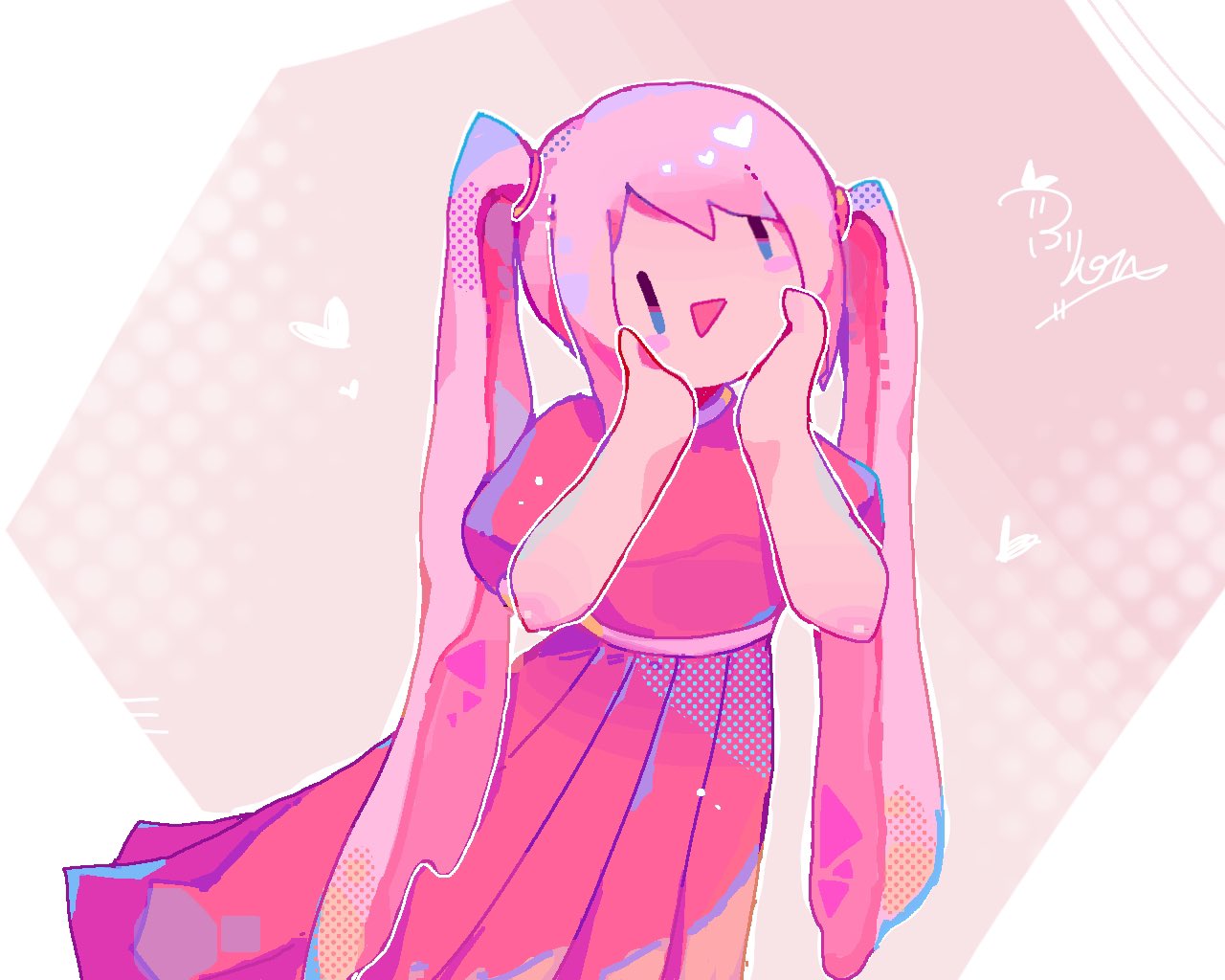 frion622, mutantheart (omori), omori, commentary request, 1girl, :d, bare arms, belt, black eyes, blue eyes, border, dress, hair tie, halftone, halftone background, hands on own cheeks, hands on own face, hands up, heart, long hair, multicolored eyes, open mouth, outline, outside border, pink background, pink belt, pink dress, pink hair, pleated dress, puffy short sleeves, puffy sleeves, short sleeves, simple background, smile, solid oval eyes, solo, swept bangs, triangle mouth, twintails, two-tone eyes, upper body, very long hair, white border, white outline