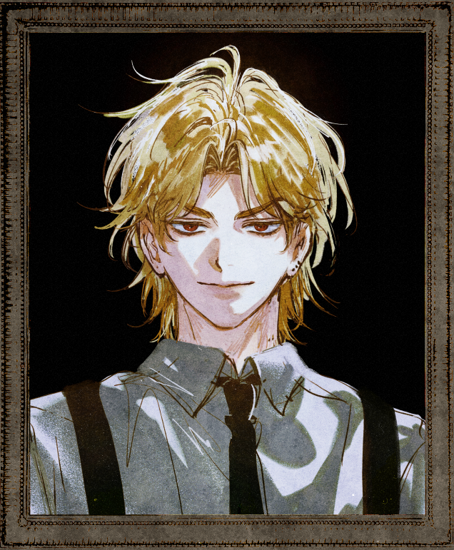 dio brando, jojo no kimyou na bouken, phantom blood, 1boy, black background, black necktie, black suspenders, collared shirt, ear birthmark, light smile, male focus, necktie, nlgerunday0, parted bangs, portrait (object), red eyes, shirt, solo, white shirt