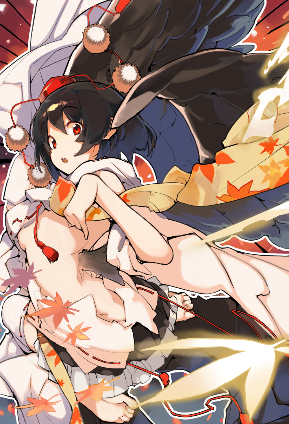 asakura maru, shameimaru aya, touhou, highres, 1girl, bird wings, black wings, dynamic pose, floating scarf, geta, hat, kourindou tengu costume, leaf, maple leaf, pom pom (cheerleading), pom pom (clothes), red eyes, scarf, solo, tengu, tengu-geta, tokin hat, wings