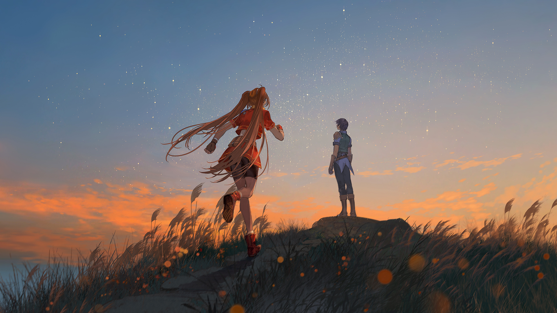 ibuki satsuki, estelle bright, joshua bright, eiyuu densetsu, sora no kiseki, chinese commentary, commentary request, highres, 1boy, 1girl, boots, brown boots, brown shorts, cropped shirt, dusk, fingerless gloves, gloves, grass, looking afar, midriff, outdoors, pants, red boots, red shirt, red skirt, running, shadow, shirt, shorts, shorts under skirt, skirt, sky, standing, star (sky), starry sky, twilight, twintails, wide shot