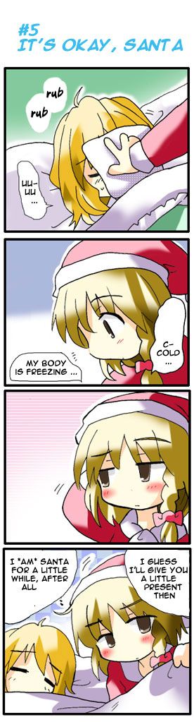 morogami ryou, alice margatroid, kirisame marisa, touhou, hard-translated, long image, tall image, third-party edit, translated, 4koma, blonde hair, blush, brown eyes, comic, english text, female focus, ribbon, santa costume, short hair, sleeping