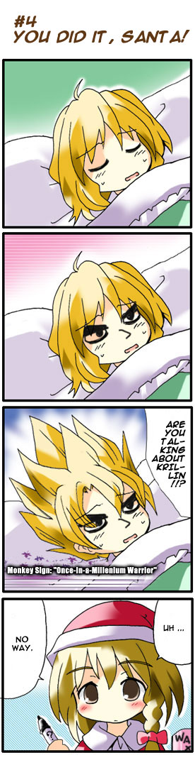 morogami ryou, alice margatroid, kirisame marisa, touhou, hard-translated, long image, tall image, third-party edit, translated, 2girls, 4koma, are you talking about kuririn, blonde hair, brown eyes, comic, english text, female focus, multiple girls, ribbon, santa costume, short hair, sleeping, super saiyan, super saiyan 1