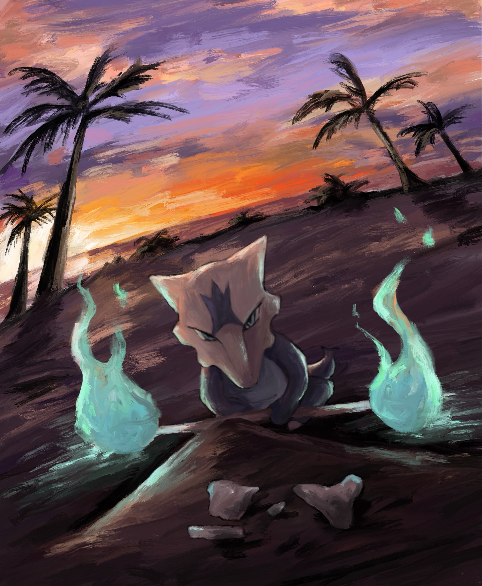 panha, alolan marowak, nintendo, pokemon, highres, alolan form, beach, blue eyes, blue fire, bone, fire, gen 7 pokemon, green fire, holding, holding bone, looking at viewer, no humans, ocean, palm tree, pokemon (creature), pokemon focus, skull on head, sky, solo, sunset, tree, water