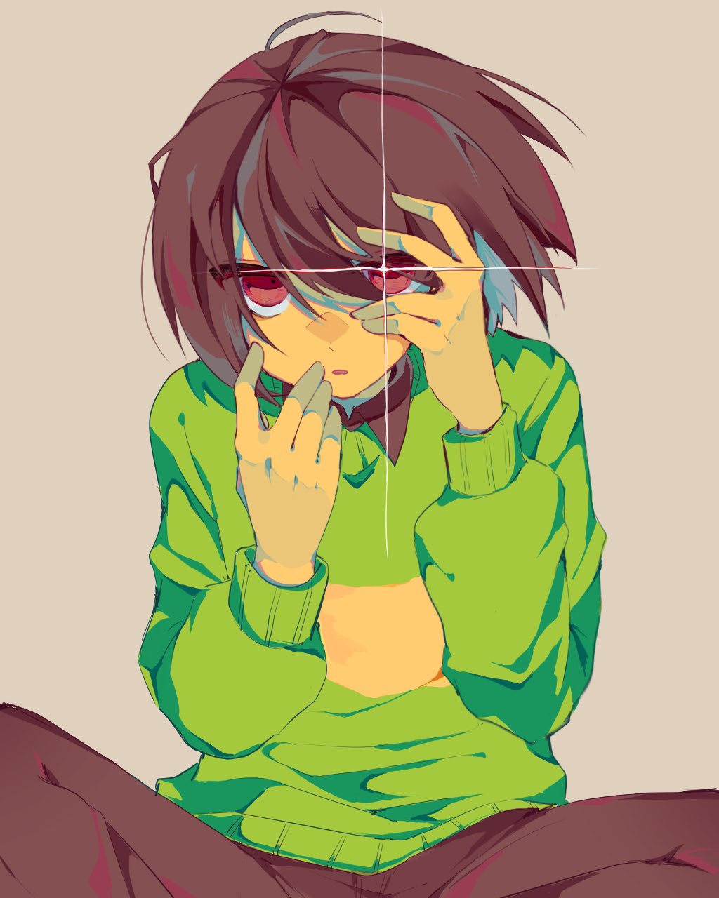 frion622, kris (deltarune), deltarune, utdr (toby fox), commentary, highres, 1other, ahoge, blue hair, brown background, brown hair, brown pants, collared shirt, colored skin, feet out of frame, green sweater, hair between eyes, hand on own cheek, hand on own chin, hand on own face, hands up, jitome, long sleeves, looking at viewer, multicolored hair, other focus, pants, parted lips, puffy long sleeves, puffy sleeves, red eyes, shirt, short hair, simple background, sitting, solo, sparkle, striped clothes, striped sweater, sweater, swept bangs, tsurime, two-tone hair, two-tone sweater, upturned eyes, yellow skin, yellow sweater