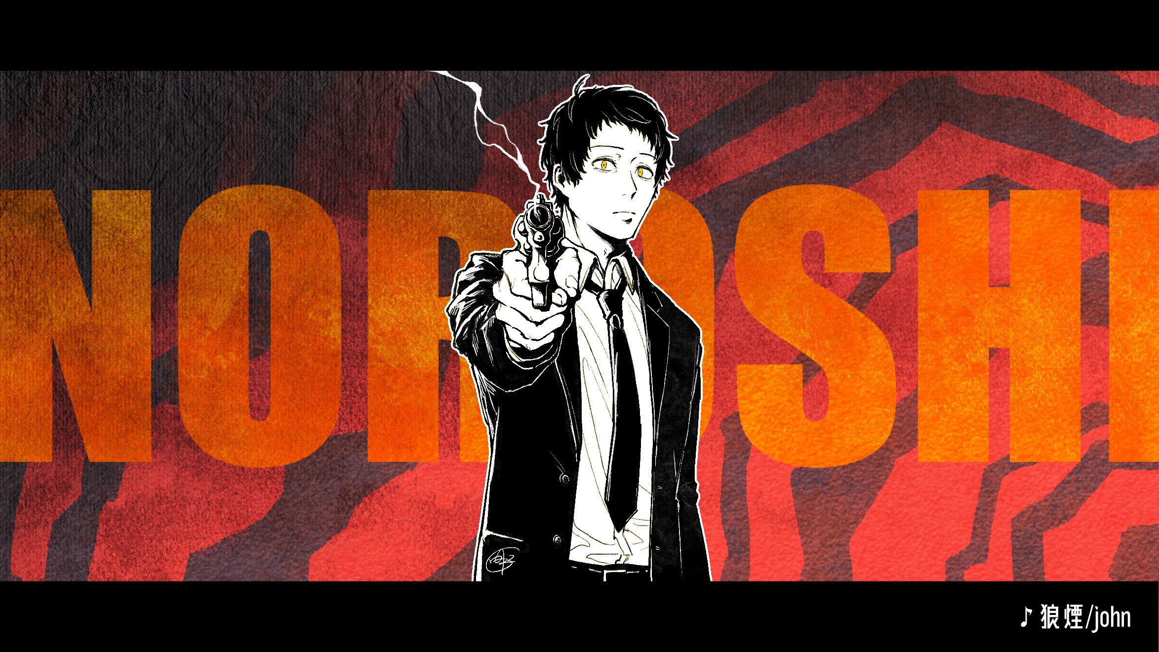 adachi tooru, persona, persona 4, commentary request, copyright request, highres, translation request, 1boy, black hair, closed mouth, collared shirt, formal clothes, greyscale with colored background, gun, handgun, holding, holding gun, holding weapon, letterboxed, long sleeves, looking at viewer, male focus, necktie, revolver, shirt, short hair, smoke, smoking barrel, solo, spot color, standing, suit, tnkmrcap, upper body, weapon, yellow eyes